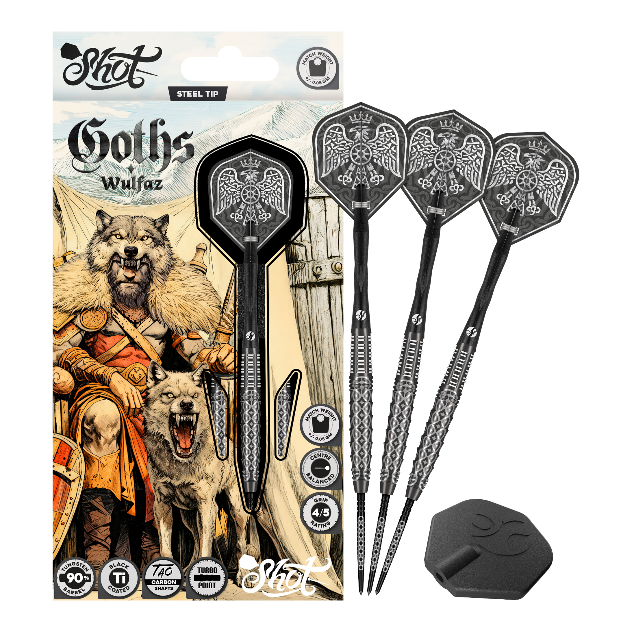 Lotki stalowe Shot Goths Wulfaz Turbo Point - 23g Auf diesem Bild sieht man die Shot Goths Wulfaz Turbo Point Steeldarts - 23g in voller Ansicht. Das Design ist auffällig und für Dart-Fans interessant.