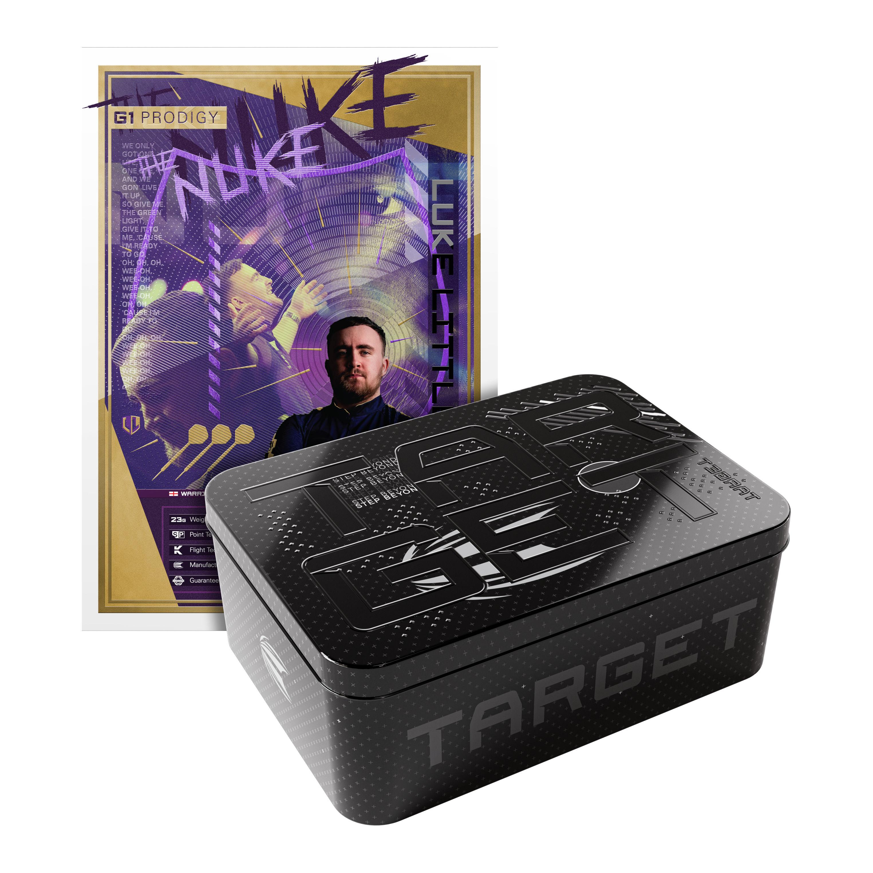 Lotki stalowe Target Luke Littler GEN1 Prodigy Swiss Point Das Bild zeigt eine Verpackung der "Target Luke Littler GEN1 Prodigy Swiss Point Steeldarts". Im Hintergrund ist ein farbenfrohes Poster mit dem Bild eines Dartspielers zu sehen.