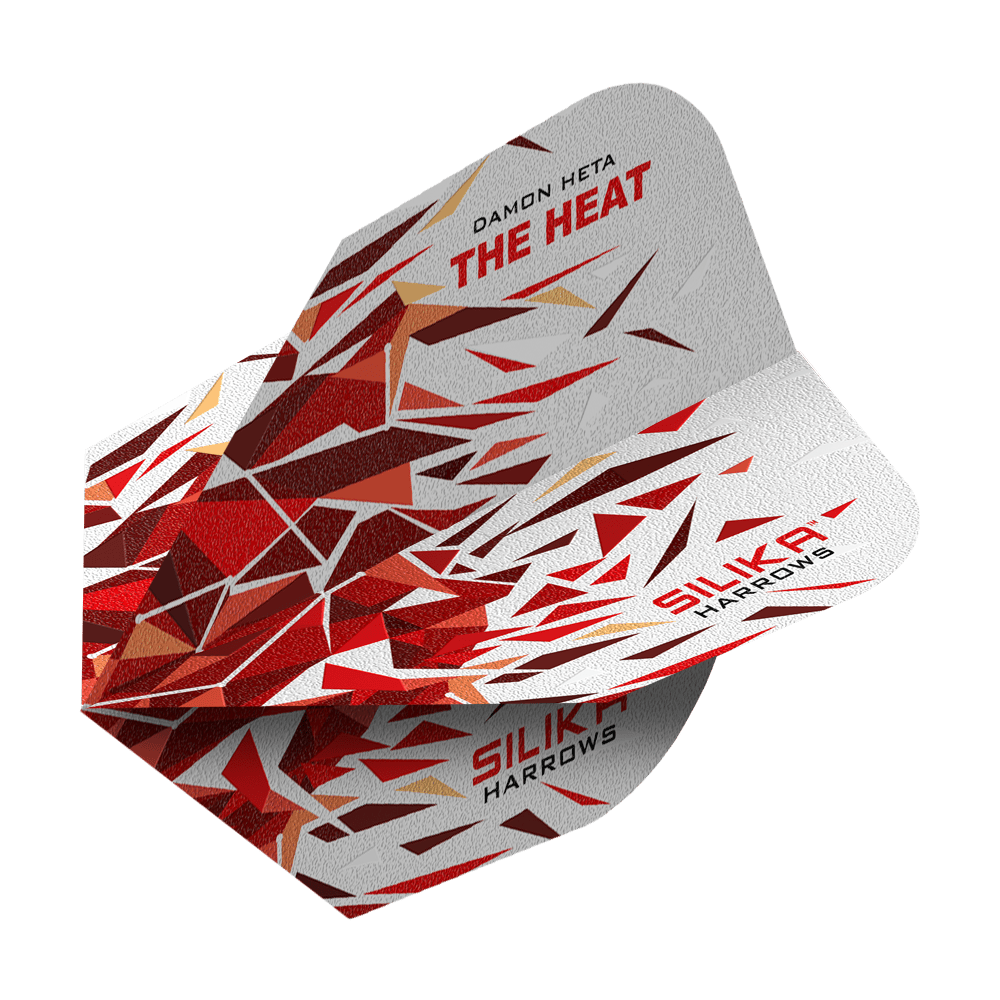 Harrows Silika Damon Heta 2 Solidna, wytrzymała powłoka krystaliczna nr 6 Dies ist ein Harrows Silika Damon Heta 2 Solid Tough Crystalline Coating No6 Flight. Das Flight-Design zeigt ein auffälliges Muster in Rot-, Weiß- und Goldtönen mit den Aufschriften "THE HEAT" und "SILIKA".