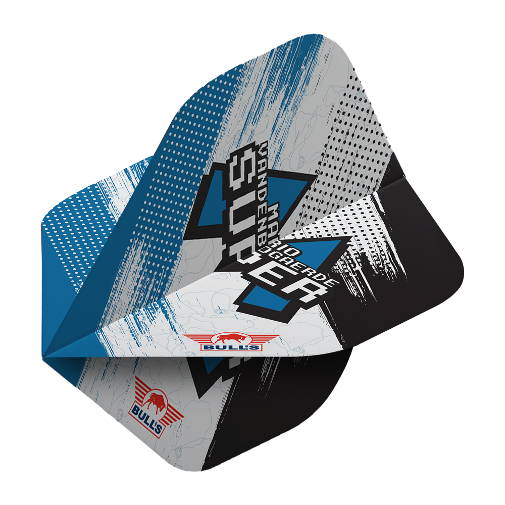 Das Bild zeigt die Bulls NL Player 100 Mario Vandenbogaerde 90 Standard Flights. Die Flights haben ein modernes Design in Blau, Schwarz und Weiß mit dem Bulls-Logo und Schriftzug.