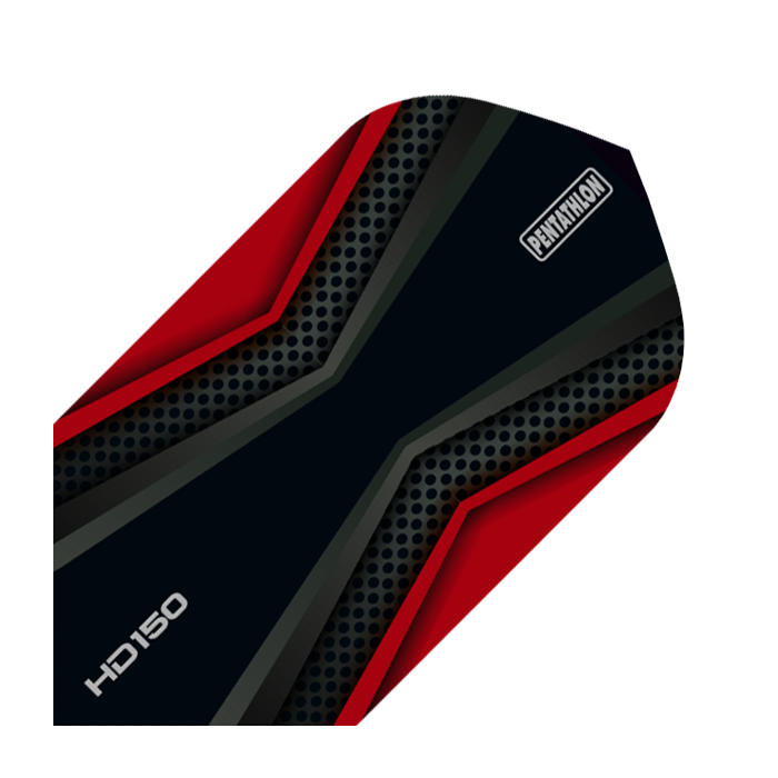 HD-42-HD150-Pentathlon-Red-Black-Flights Das Bild zeigt einen HD 150 Pentathlon Flights Black/Red Slim Dartflug. Das Design ist schwarz mit roten und grauen Akzenten sowie dem Pentathlon-Logo.