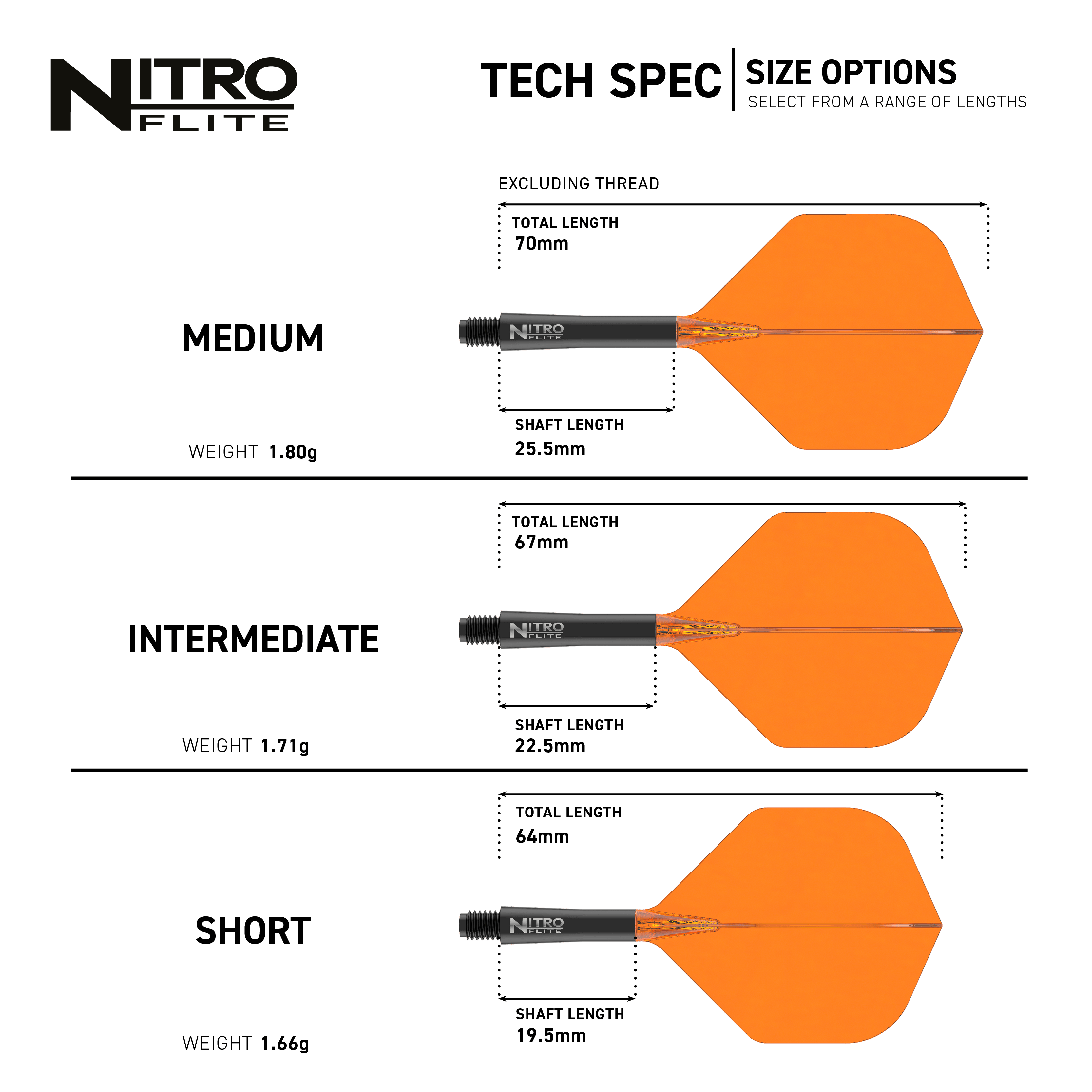 Hier sieht man den Red Dragon Nitroflite Black Shaft Orange Flights No2. Die Kombination aus schwarzem Schaft und orangen Flights ist deutlich zu erkennen.
