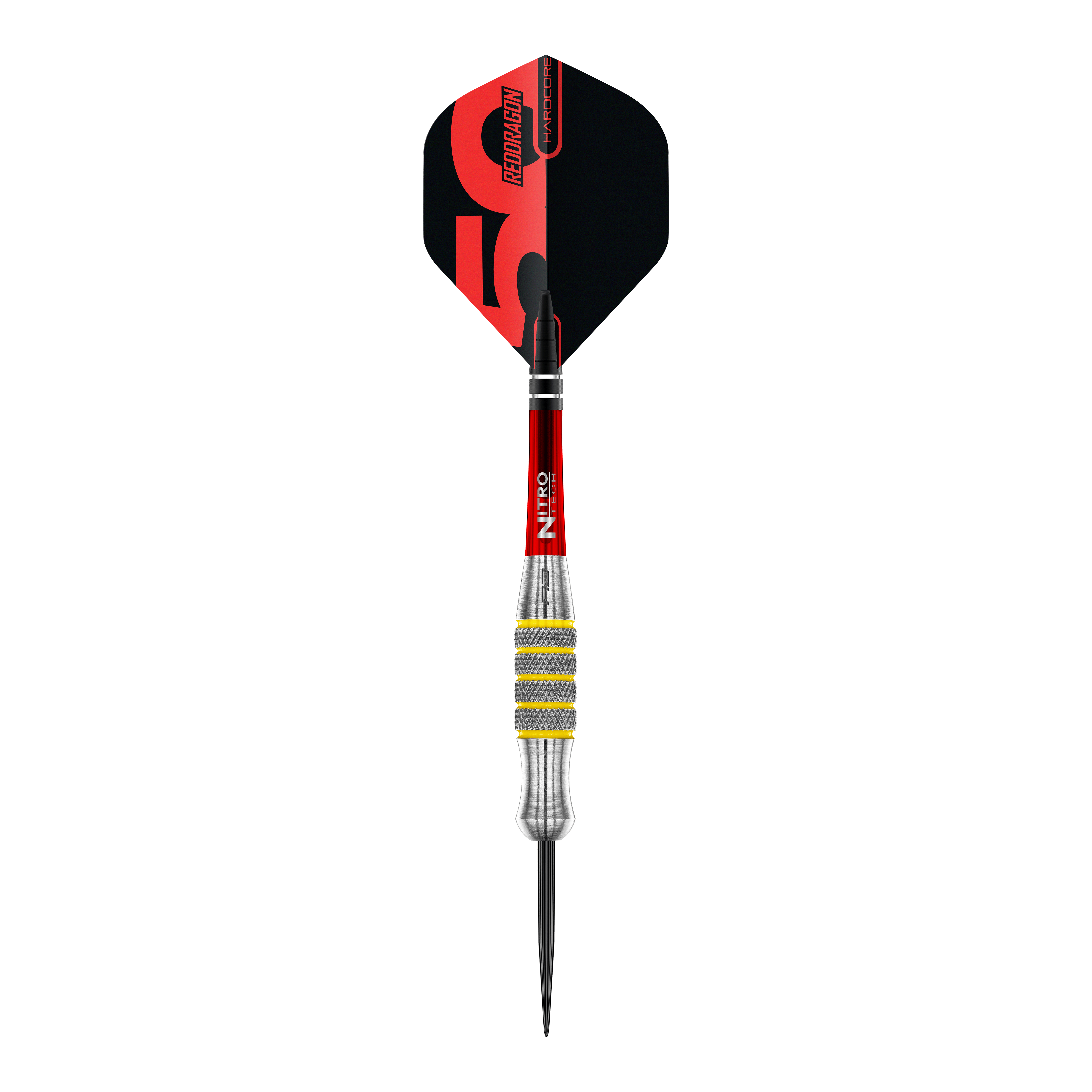 Das Bild zeigt einen Steeldart namens "Red Dragon 50 Year Collection Chunky Stumpy 7" mit einem Gewicht von 28g. Der Dart hat eine farbige Oberfläche mit roten, schwarzen und silbernen Elementen.