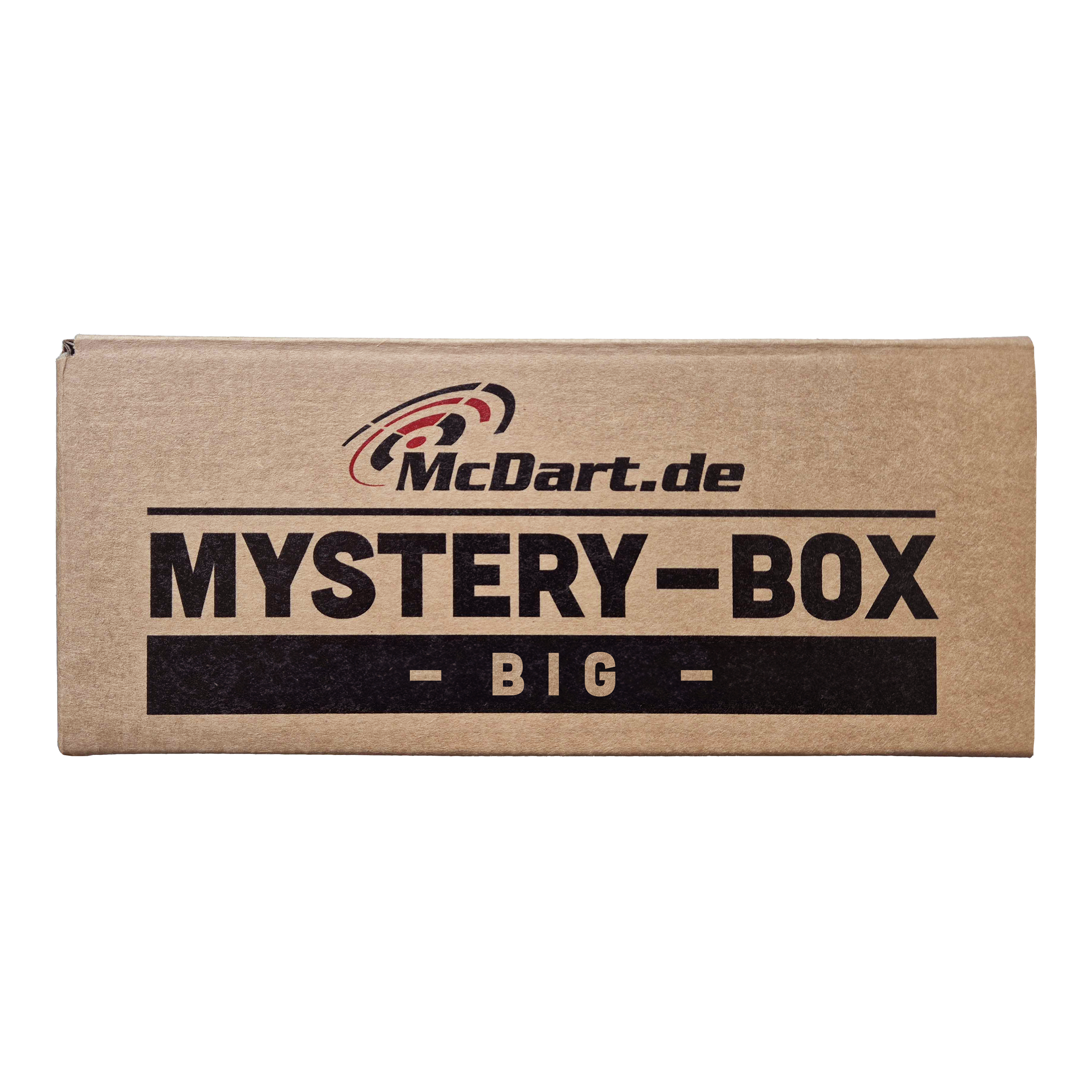 Auf dem Bild ist eine große braune Box mit der Aufschrift "McDart.de Mystery-Box - Big" zu sehen. Die Verpackung wirkt geheimnisvoll und verspricht eine Überraschung.