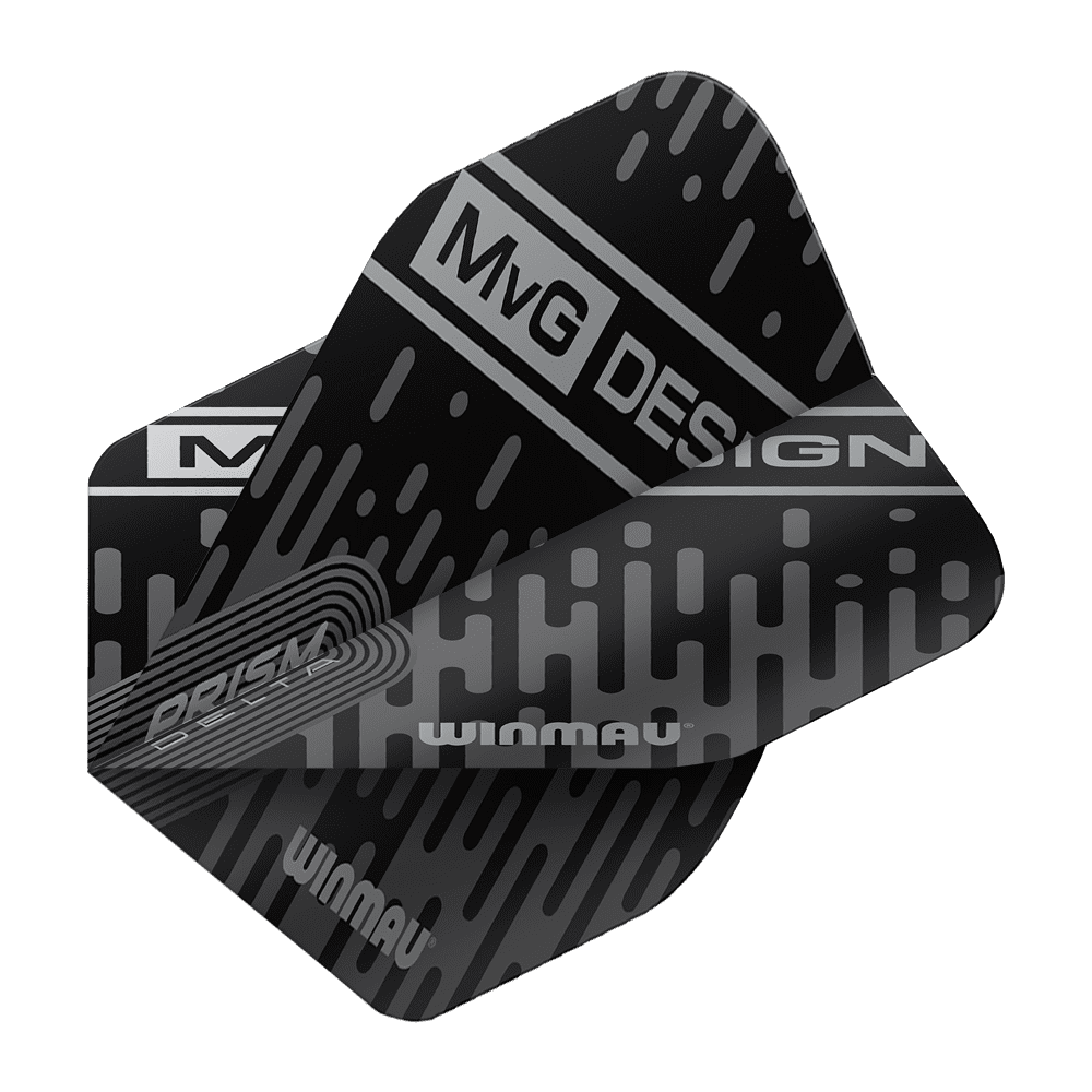 6915-214_Winmau_Prism_Delta_MvG_6915-214_Standard_Flights_2 Das Bild zeigt ein schwarzes Dart-Flight mit dem Aufdruck "MvG Design" und "Winmau". Das Design ist modern mit silbernen Mustern und Linien gestaltet.
