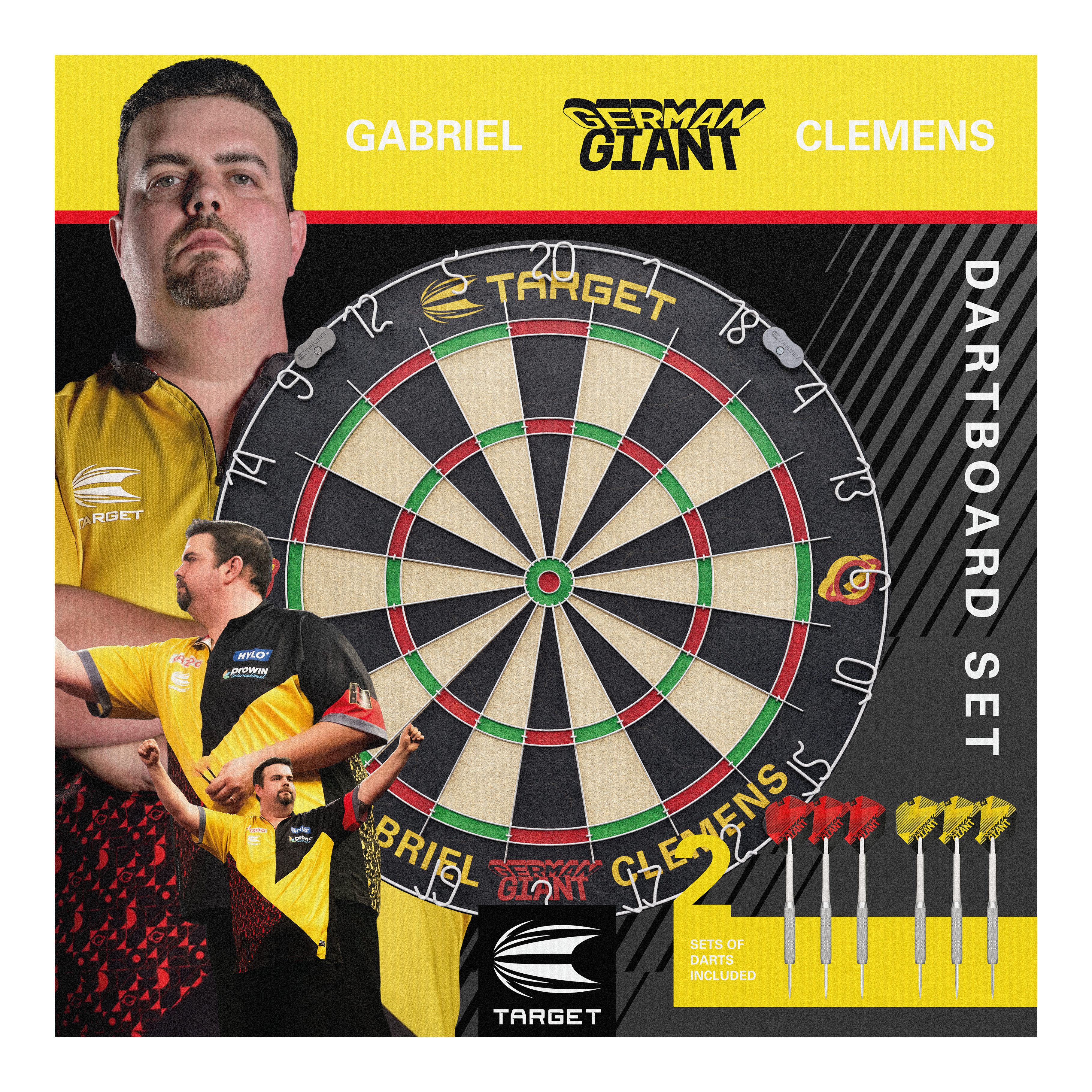 Zestaw tarcz do darta ze stali Target Gabriel Clemens Das Bild zeigt das "Target Gabriel Clemens Steeldartboard Set" mit einem großen Dartboard in der Mitte. Rechts unten sind zwei Sets von Darts abgebildet, und im Hintergrund sieht man Bilder von Gabriel Clemens.