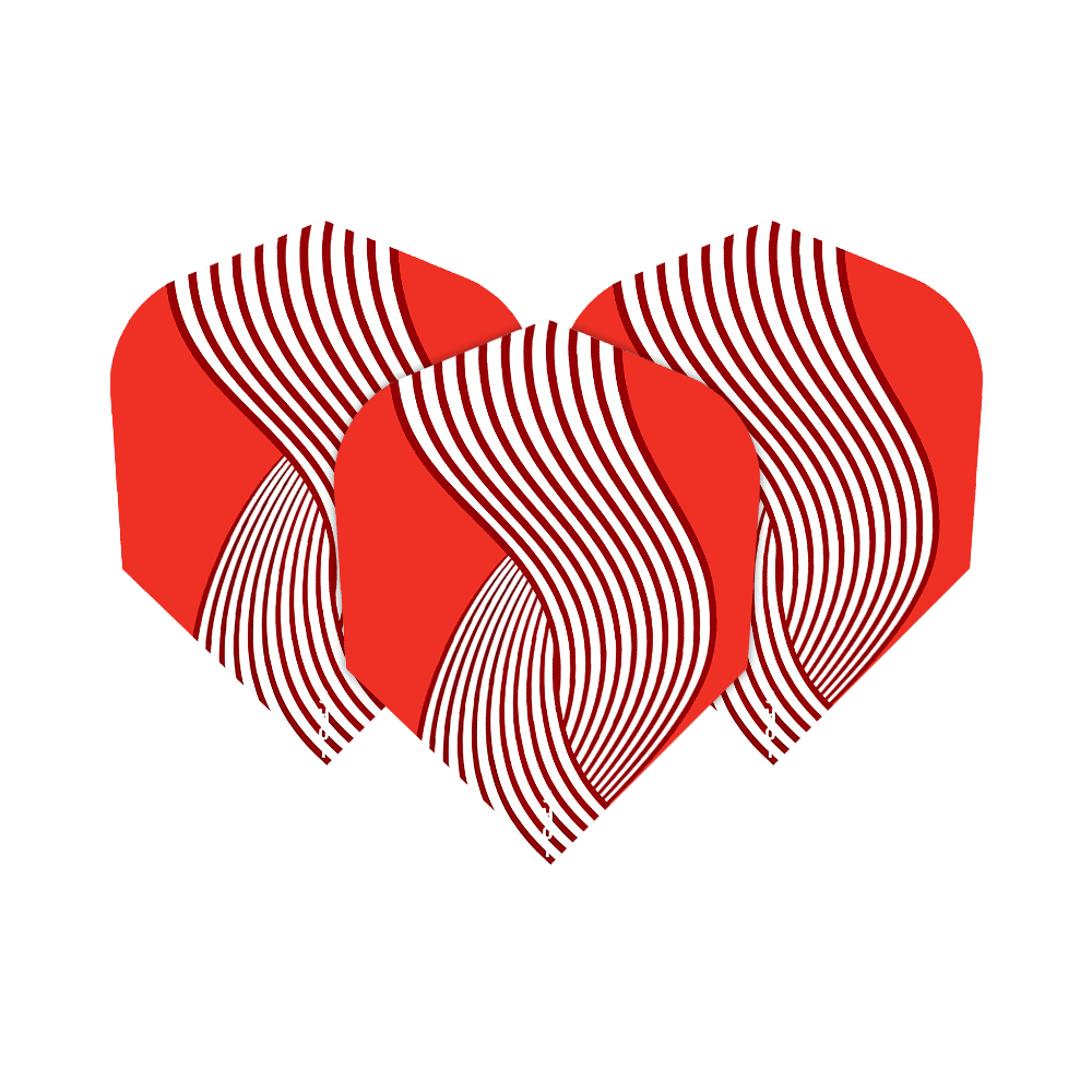 Shot ZEN Kyudo No6 Flights Das Bild zeigt drei rote Flights für Dartpfeile mit weißen, geschwungenen Linienmustern. Es handelt sich um das Produkt „Shot ZEN Kyudo No6 Flights“.