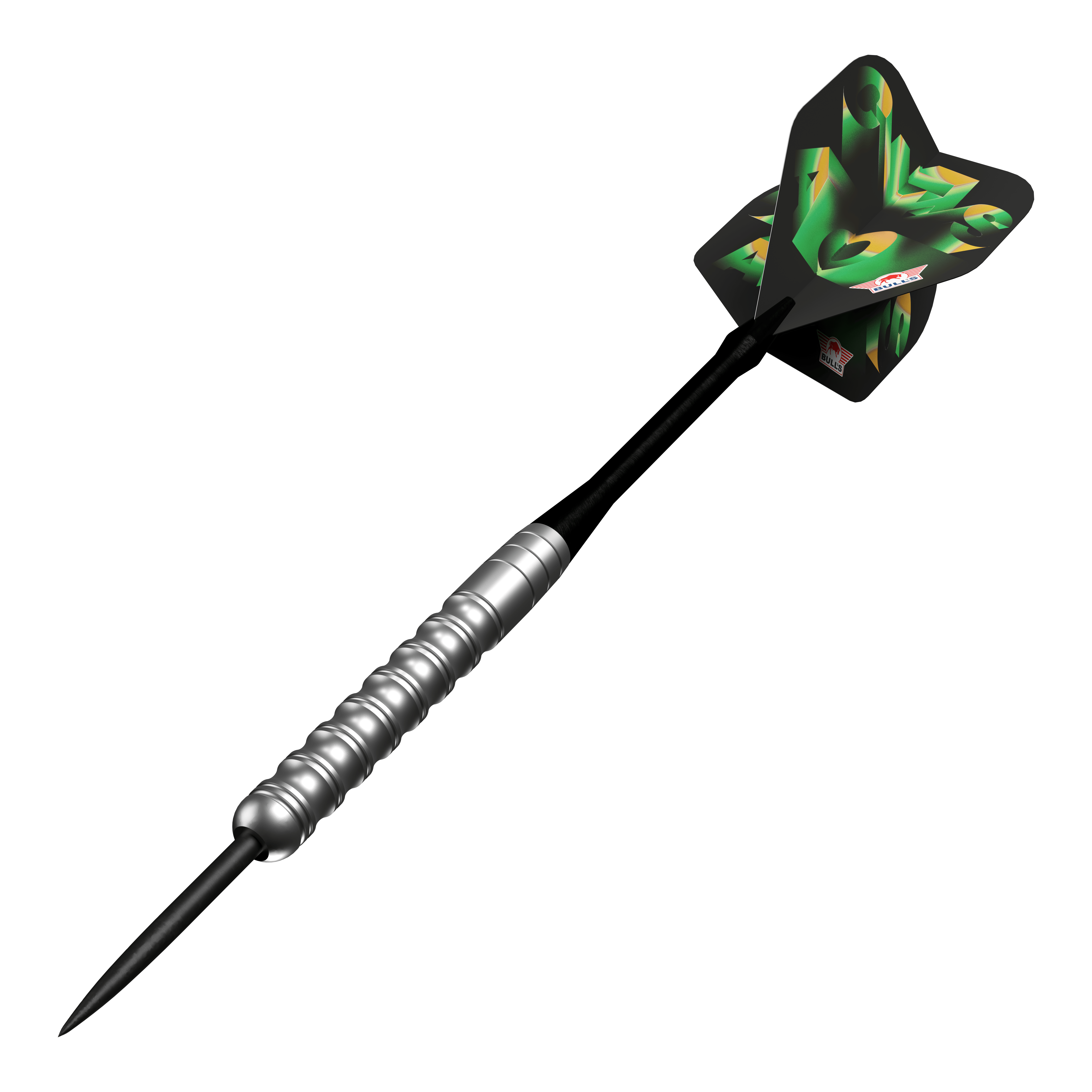 Das Bild zeigt die Bulls NL Chaos Green Steeldarts - 24g. Die grünen Steeldarts sind nebeneinander angeordnet.