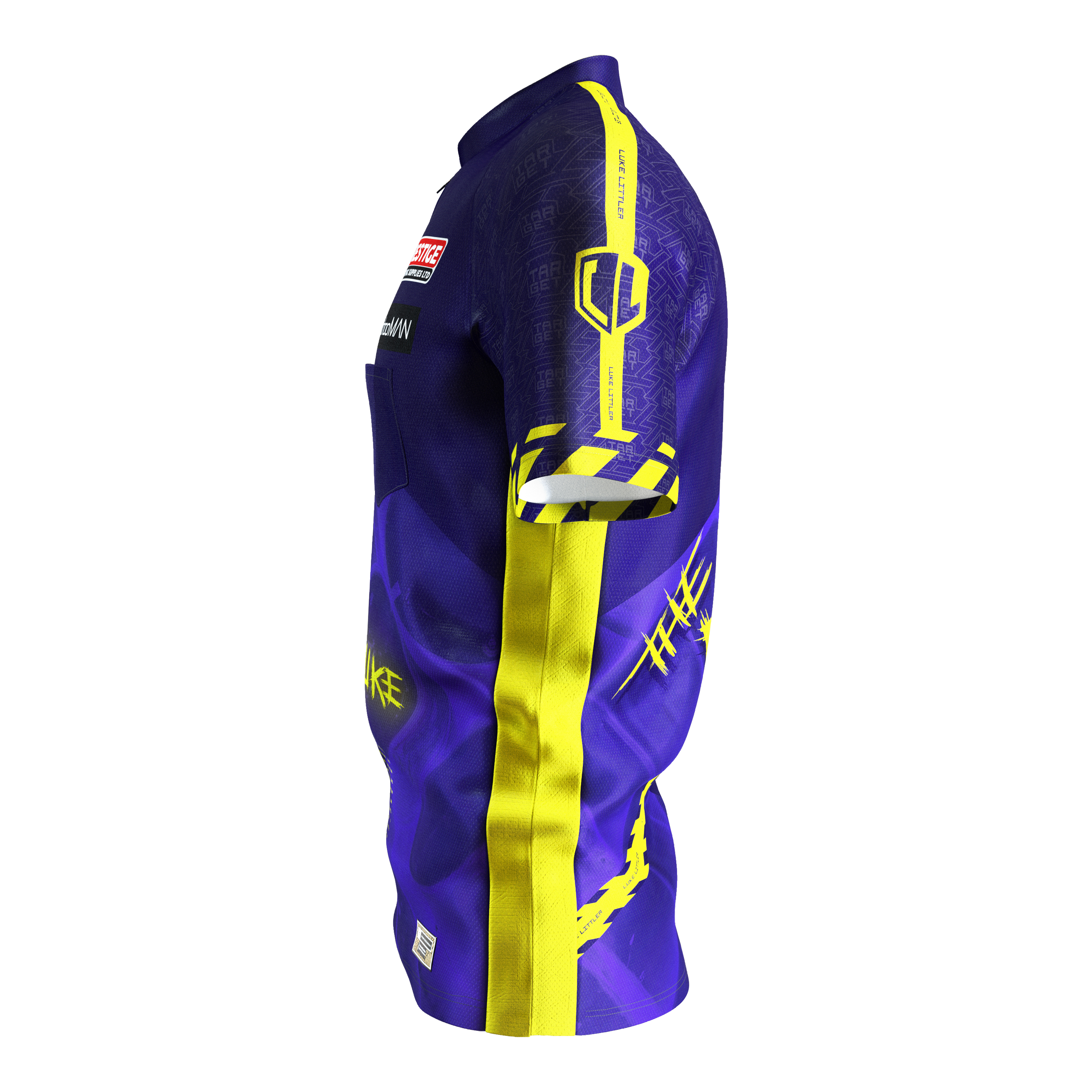 Koszulka do darta Target Coolplay Luke Littler 2025 Das Bild zeigt ein Dartshirt in lila und gelb mit auffälligem Design. Auf dem Ärmel steht "LUKE LITTLER" und es sind verschiedene grafische Elemente abgebildet.