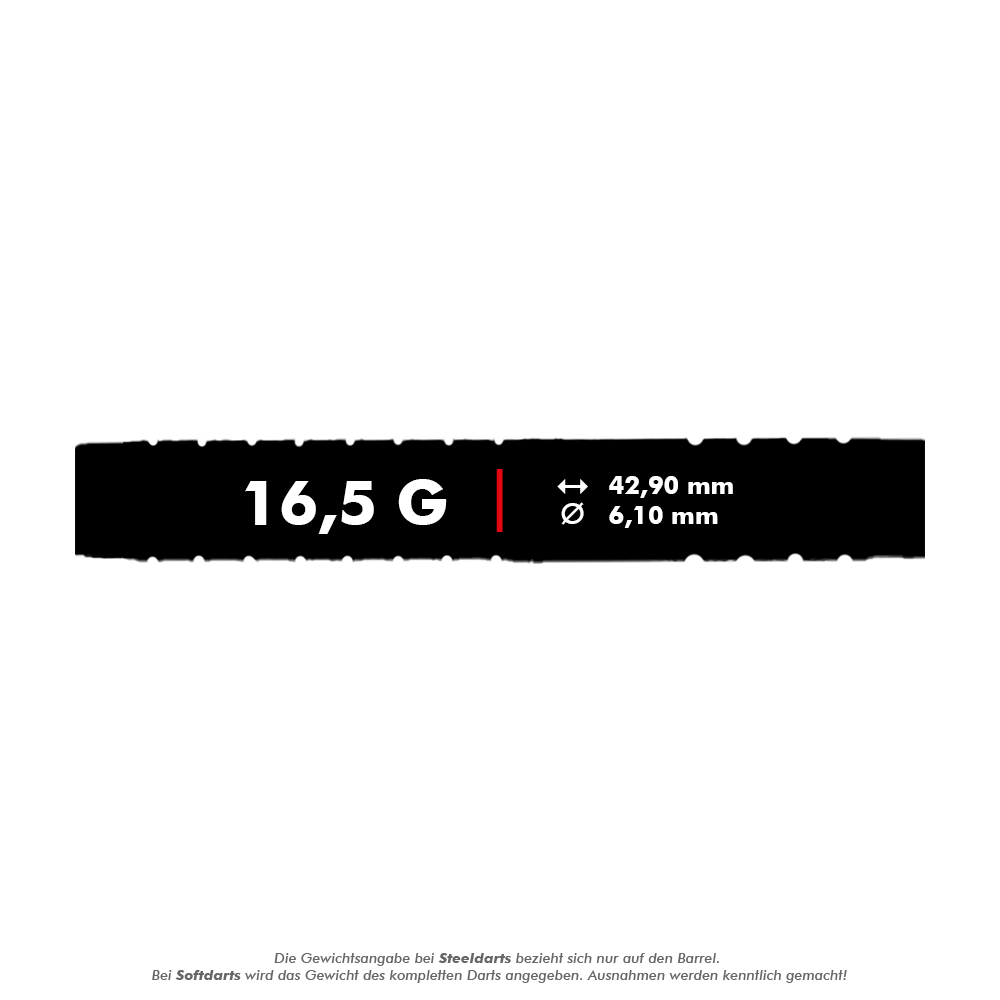 McDart 85 Tungsten V15 Softdarts - 16,5g Das Bild zeigt die technischen Daten des Produkts "McDart 85er Tungsten V15 Softdarts - 16,5g". Der Dart wiegt 16,5 Gramm, ist 42,90 mm lang und hat einen Durchmesser von 6,10 mm.