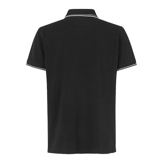 Koszulka polo Barrels and Shafts – czarna Das Bild zeigt ein schwarzes Poloshirt mit kurzen Ärmeln. Am Kragen und an den Ärmeln sind weiße Zierstreifen sichtbar.