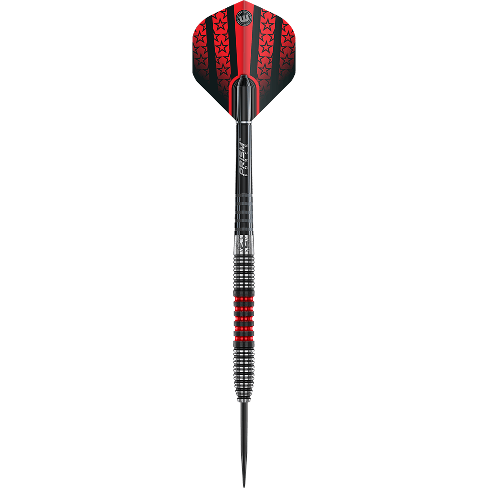 1462_Winmau_Joe_Cullen_90_Steeldarts_1lPqaDJsQbZd4l Das Bild zeigt einen Winmau Joe Cullen Steeldart. Der Dartpfeil hat rote und schwarze Akzente sowie ein sternenverziertes Flight-Design.