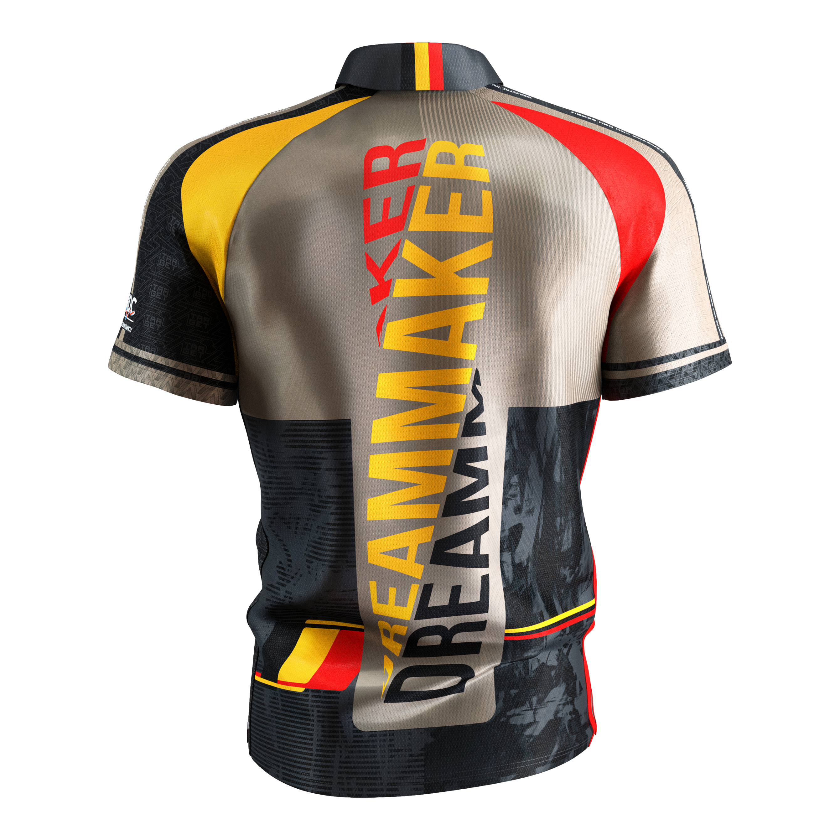 Koszulka do darta Target Coolplay Dimitri Van Den Bergh 2025 Dies ist das Target Coolplay Dimitri Van Den Bergh 2025 Dartshirt. Auf der Rückseite steht in großen Buchstaben "DREAMMAKER" und das Shirt hat auffällige Farben in Gelb, Rot und Schwarz.