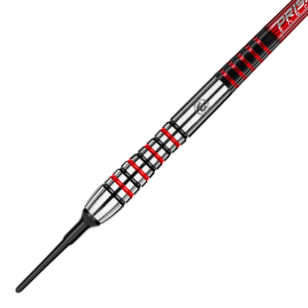 Dies ist ein Softdart mit silbernem und rotem Griffdesign. Die Spitze besteht aus schwarzem Kunststoff.