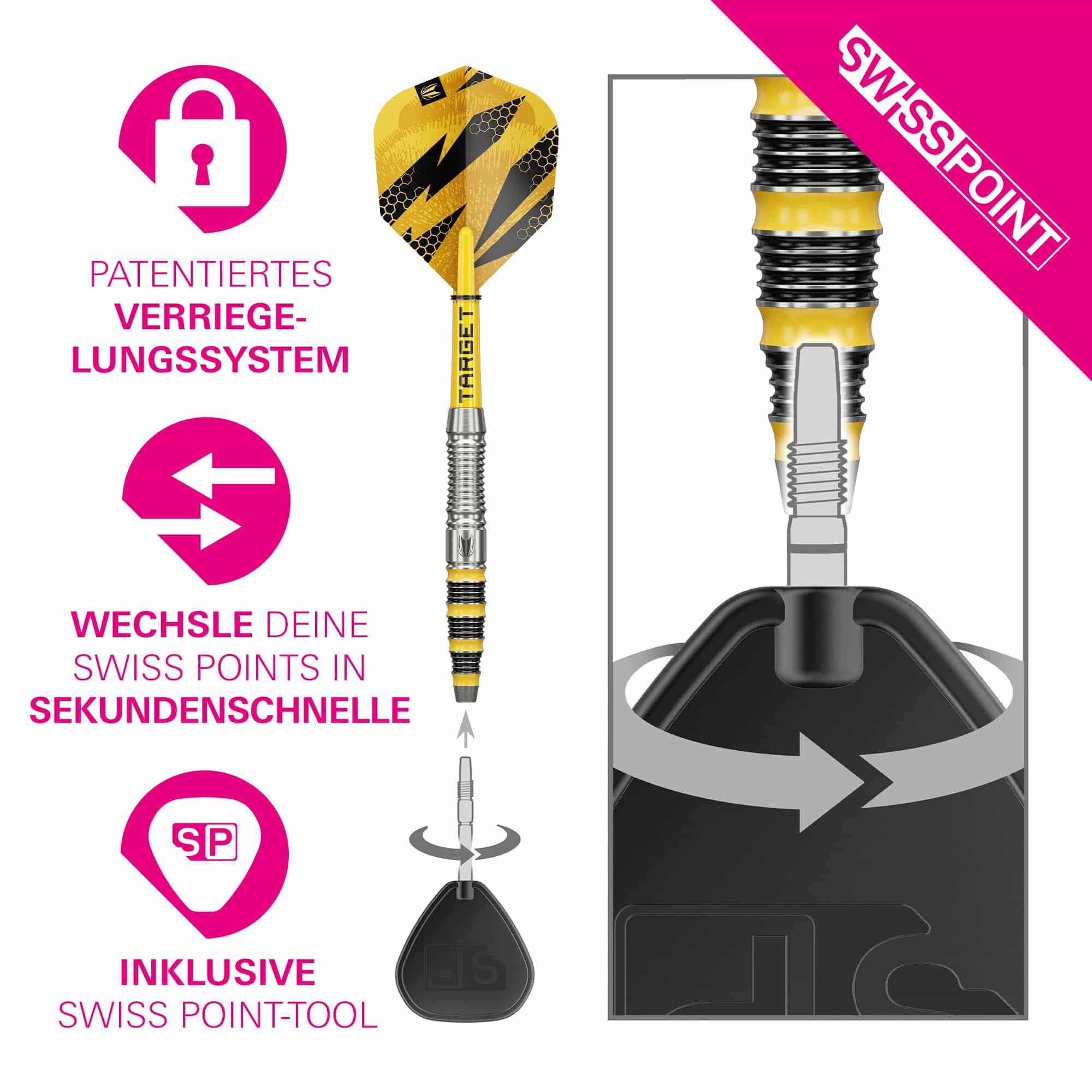 Stalowe lotki Target Buzz 03 Swiss Points Dies ist ein Bild von Target Buzz 03 Swiss Points Steeldarts. Die Darts sind speziell für Präzision und Leistung entwickelt.