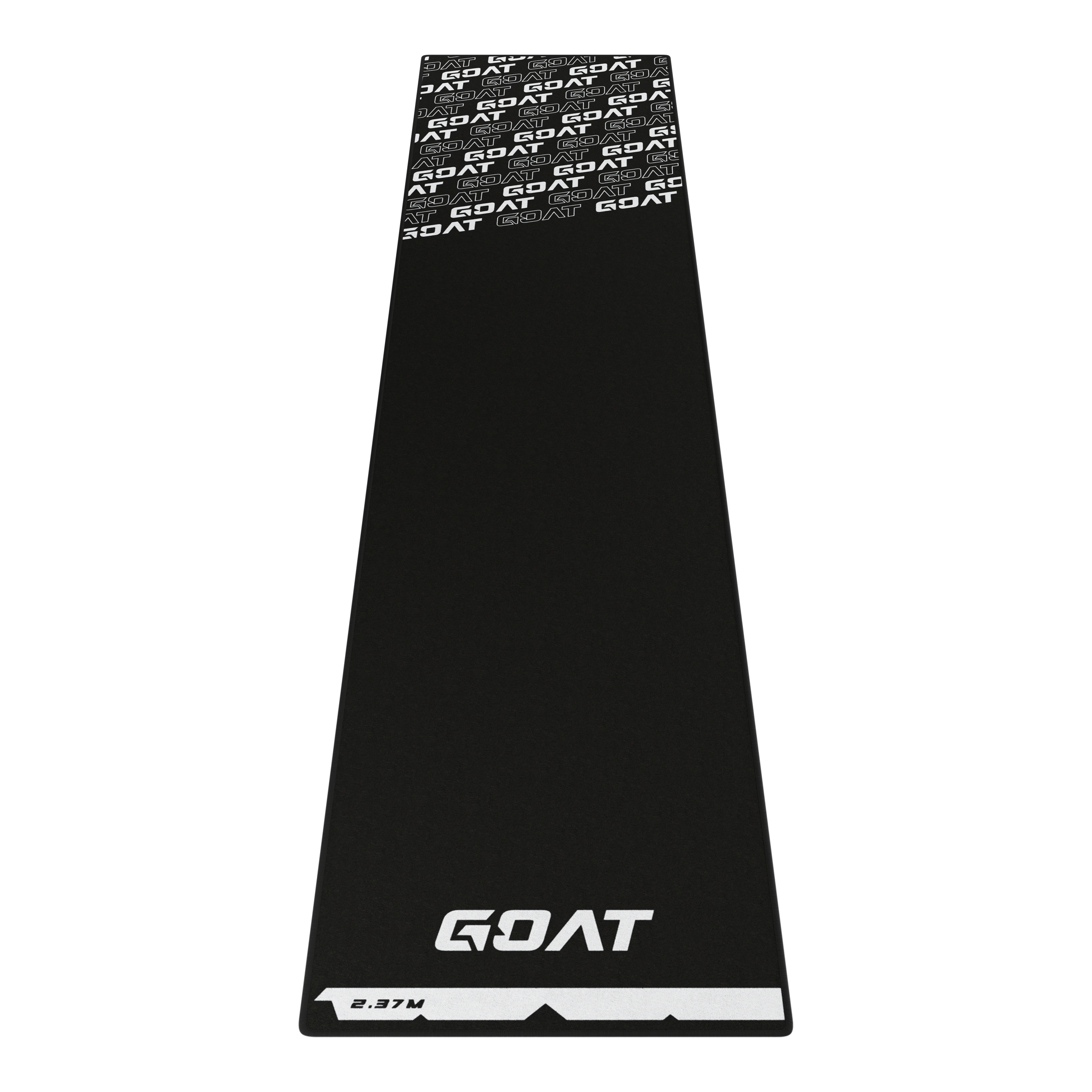 Dies ist ein schwarzer Dartteppich mit dem weißen GOAT-Logo am unteren und oberen Rand. Am unteren Ende ist zudem eine Markierung mit der Aufschrift "2.37M" zu sehen.
