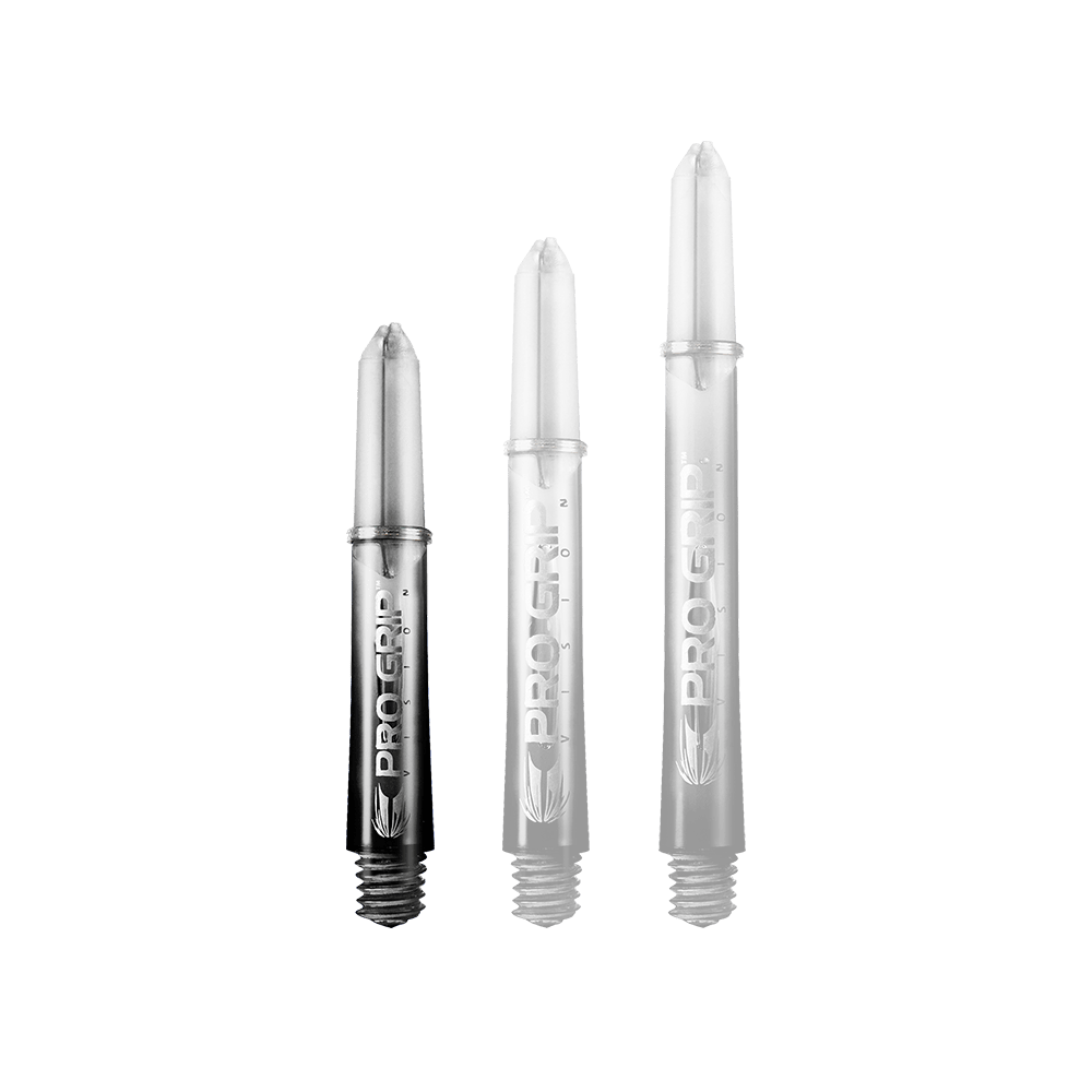 Target Pro Grip Vision Shafts - 3 zestawy - czarne Auf dem Bild sind drei schwarze Dartschäfte in unterschiedlicher Länge zu sehen. Auf jedem Schaft steht der Schriftzug „PRO GRIP“.