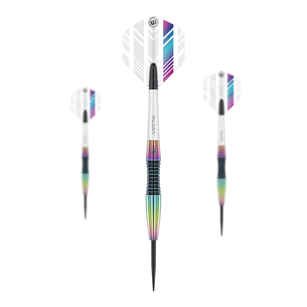 Rzutki stalowe Winmau Elektra Das Bild zeigt drei Winmau Elektra Steeldarts mit weißen Flights und bunten, metallischen Schäften. Die Darts sind modern gestaltet und haben schwarze Spitzen.