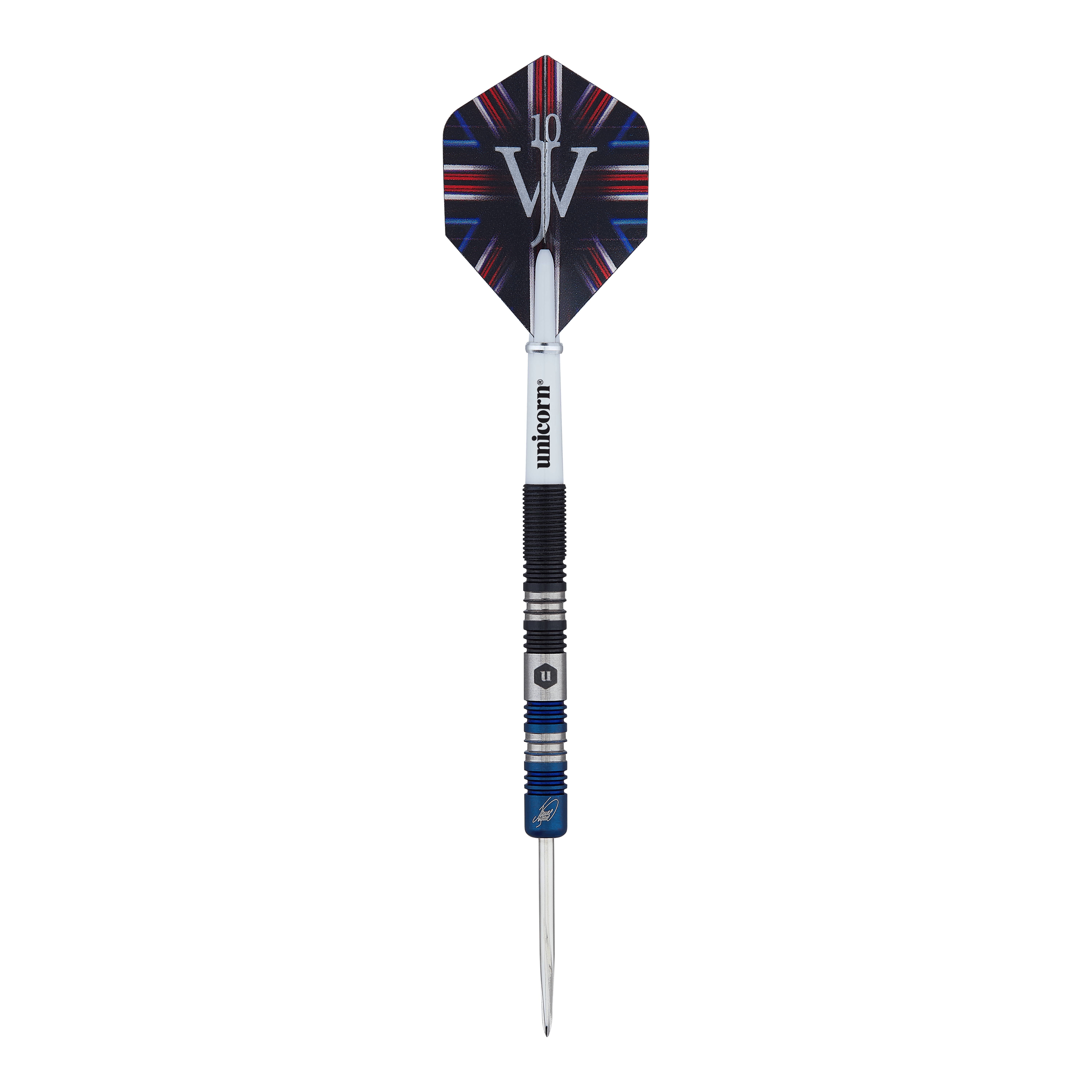 Unicorn The Machine James Wade Dwukolorowe stalowe lotki Das Bild zeigt einen Steeldart der Marke "Unicorn The Machine James Wade Two-Tone". Der Dart hat ein schwarz-blaues Design und ein Flight mit einem auffälligen Muster.