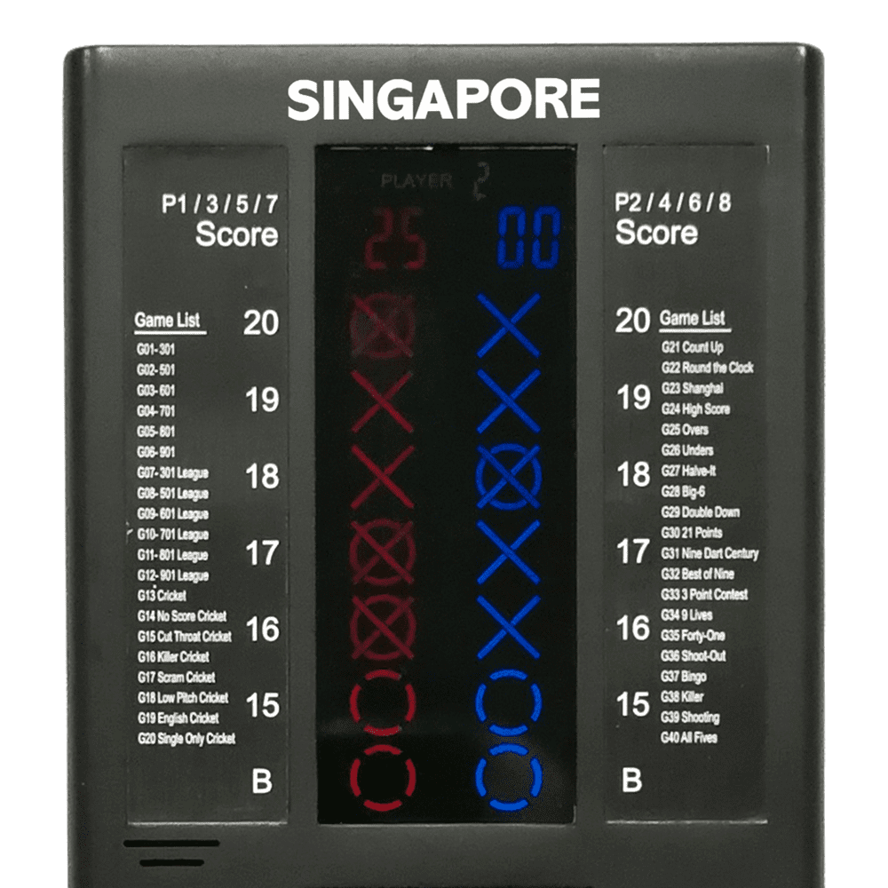 693_QD7800260_XQMax_Singapore_Darts_Counter_2 Das Bild zeigt den XQMax Singapore Darts Counter, ein elektronisches Anzeigegerät für Dartspiele. Es besitzt eine digitale Anzeige für die Punktestände sowie eine Übersicht verschiedener Spielmodi auf beiden Seiten des Displays.