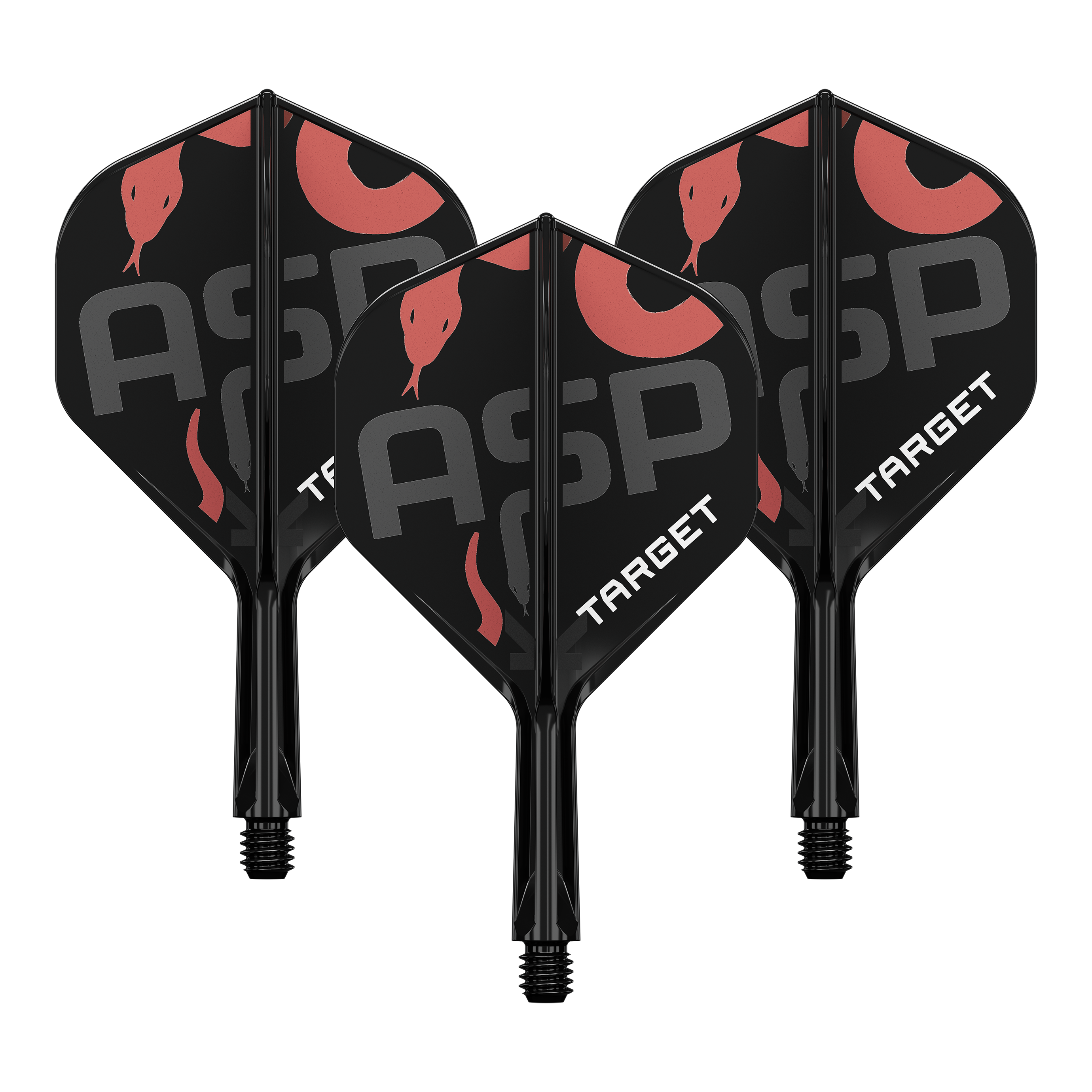 Auf dem Bild sind drei schwarze Dartflights mit Schäften zu sehen. Die Flights tragen die Aufschrift "ASP" und "TARGET" sowie ein rotes Schlangenmotiv.