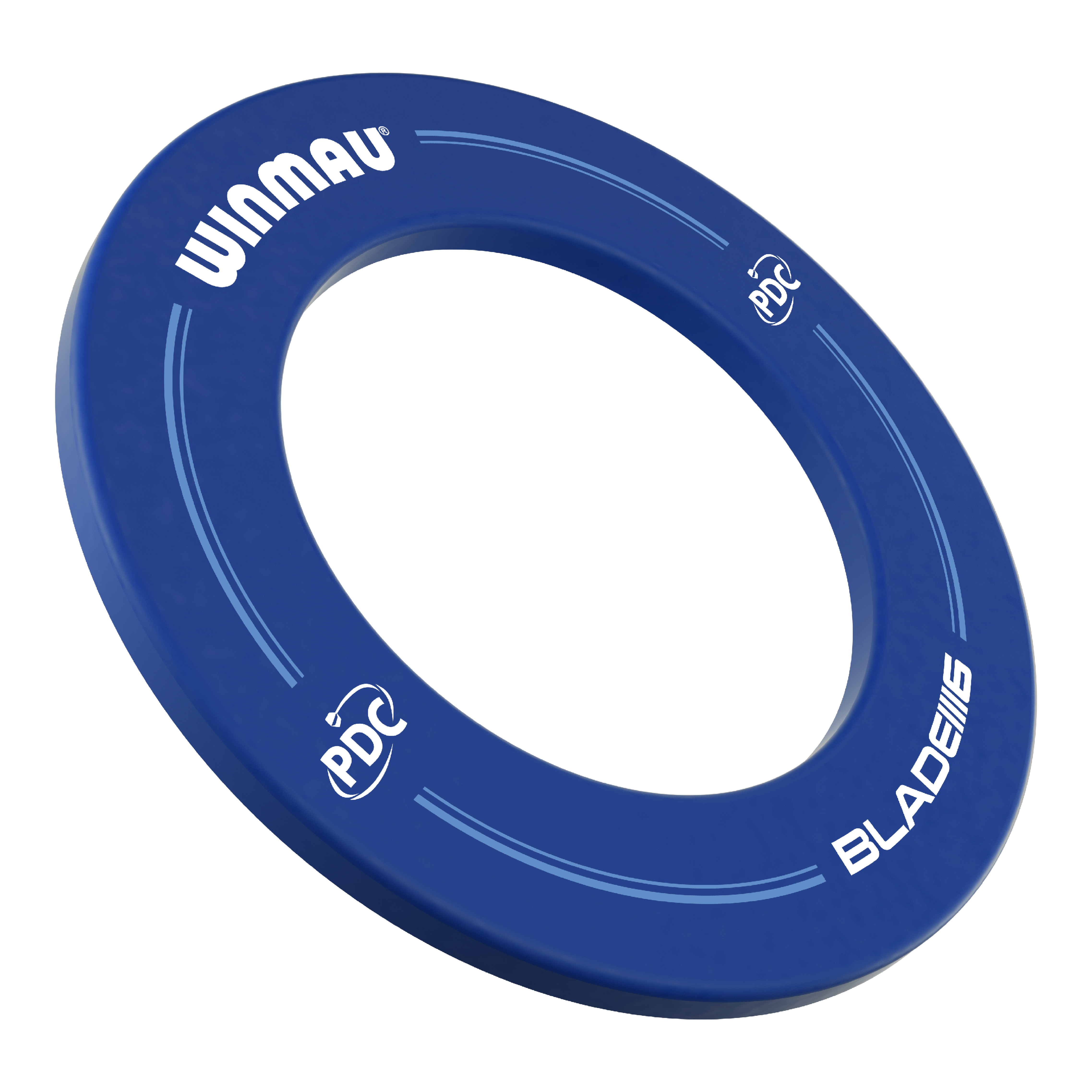 Obudowa tarczy do darta Winmau PDC – niebieska Auf dem Bild ist ein blauer Dartboard-Surround der Marke Winmau zu sehen. Die Aufschrift enthält die Logos von Winmau, PDC und Blade 6.
