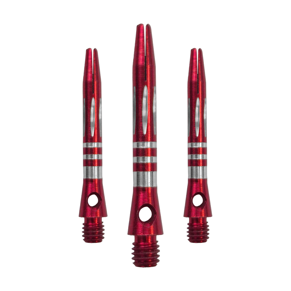 Pierścieniowe aluminiowe wałki szlifowane diamentowo - czerwone - 35 mm Das Bild zeigt ein Set der Ringed Diamond Cut Aluminium Shafts - Rot - 35 mm. Mehrere rote Aluminium-Dartschäfte liegen nebeneinander.