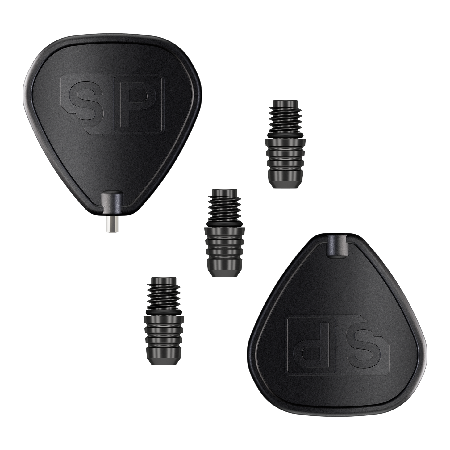 Konwerter Target Swiss Point 2BA – czarny Das Bild zeigt den Target Swiss Point 2BA Converter in Schwarz. Es sind zwei schwarze Adapter und drei kleine Verbindungsteile abgebildet.