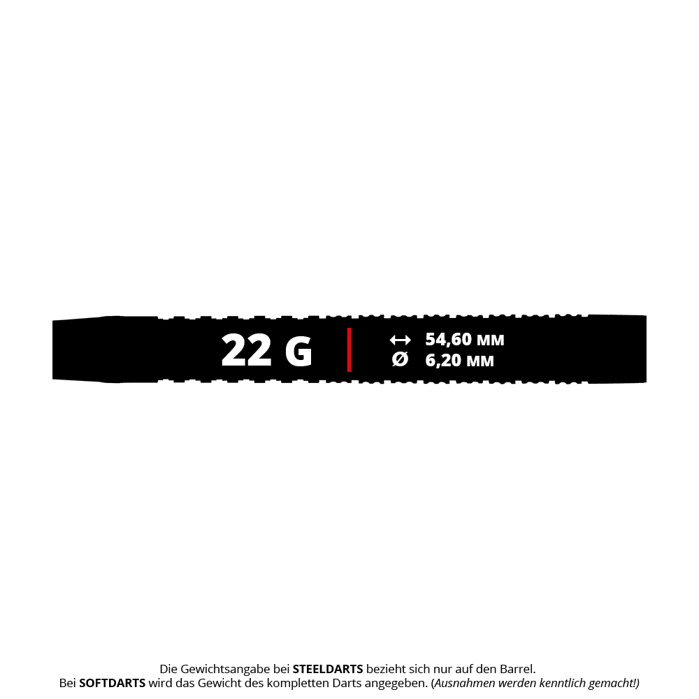 Miękkie lotki Red Dragon Tyrian - 22g Das Bild zeigt die technischen Daten der Red Dragon Tyrian Softdarts mit einem Gewicht von 22 Gramm. Die Länge beträgt 54,60 mm und der Durchmesser 6,20 mm.