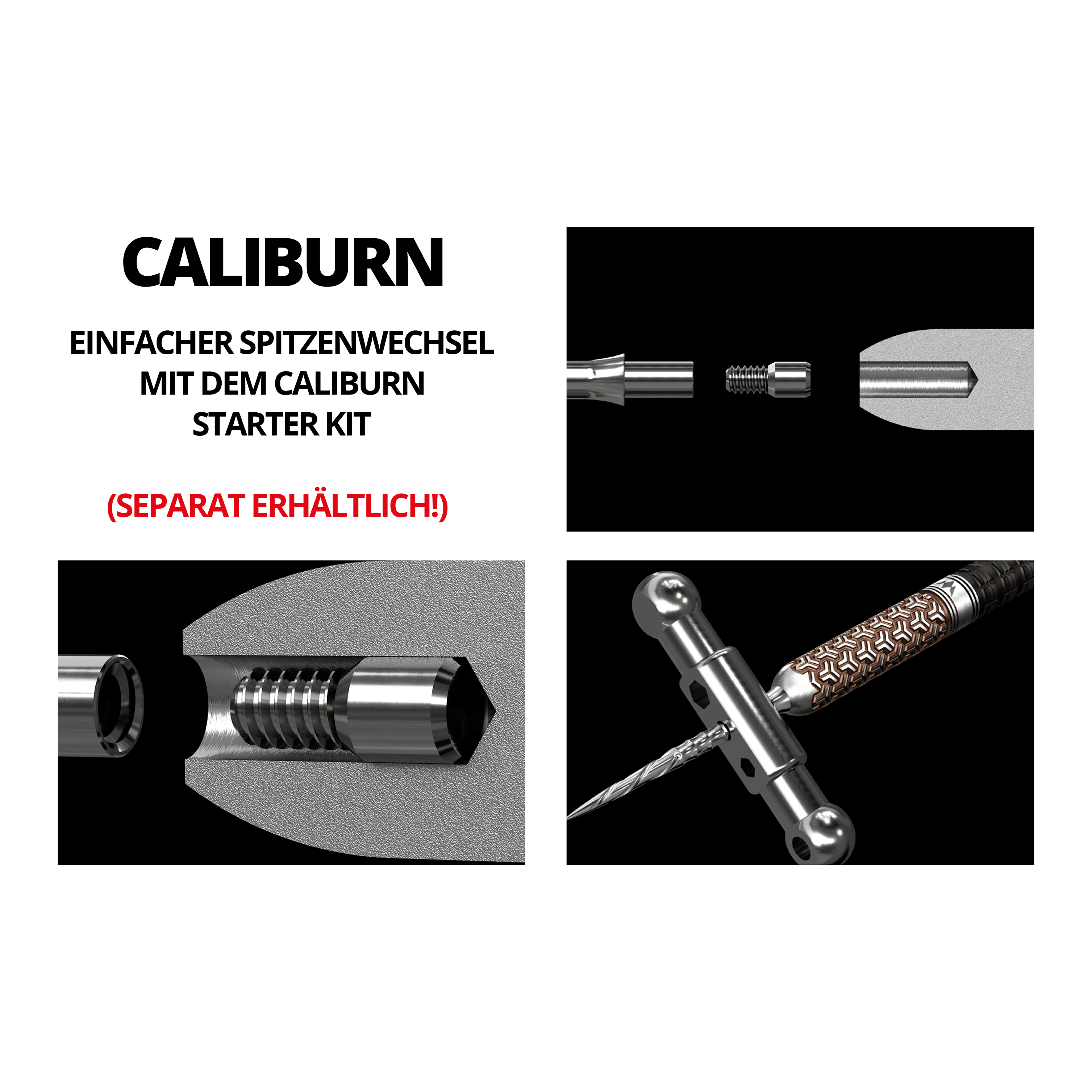 Stalowe groty do lotek Caliburn System - HAN G2 - Srebrne Das Bild zeigt technische Darstellungen eines Dartspitzensystems mit detaillierten Ansichten der einzelnen Komponenten. In roter Schrift steht "(SEPARAT ERHÄLTLICH!)" auf dem Bild.