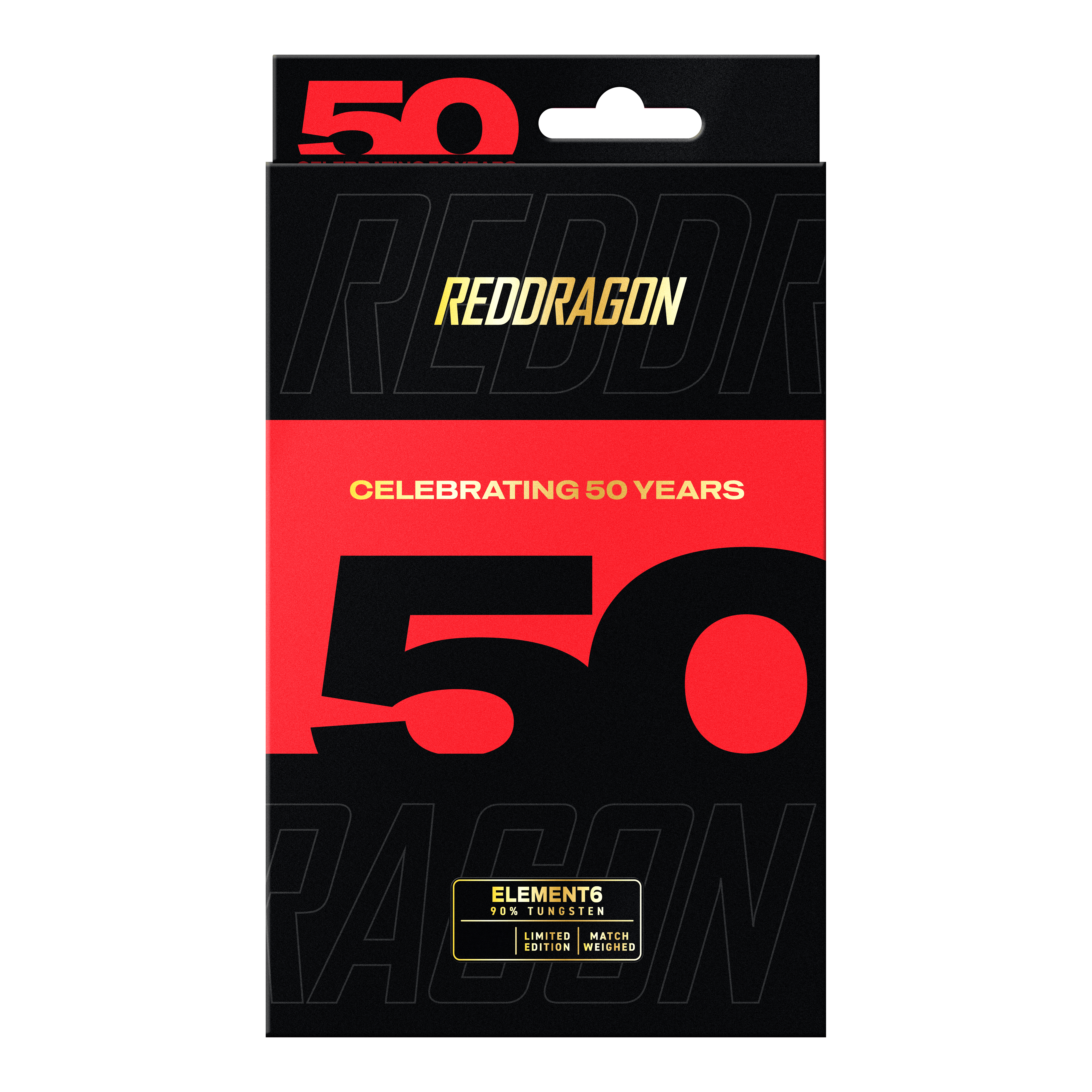 Red Dragon 50 Year Collection Element 6 C Steeldarts mit 25g Gewicht. Das Bild zeigt die Darts aus der limitierten 50 Jahre Kollektion.