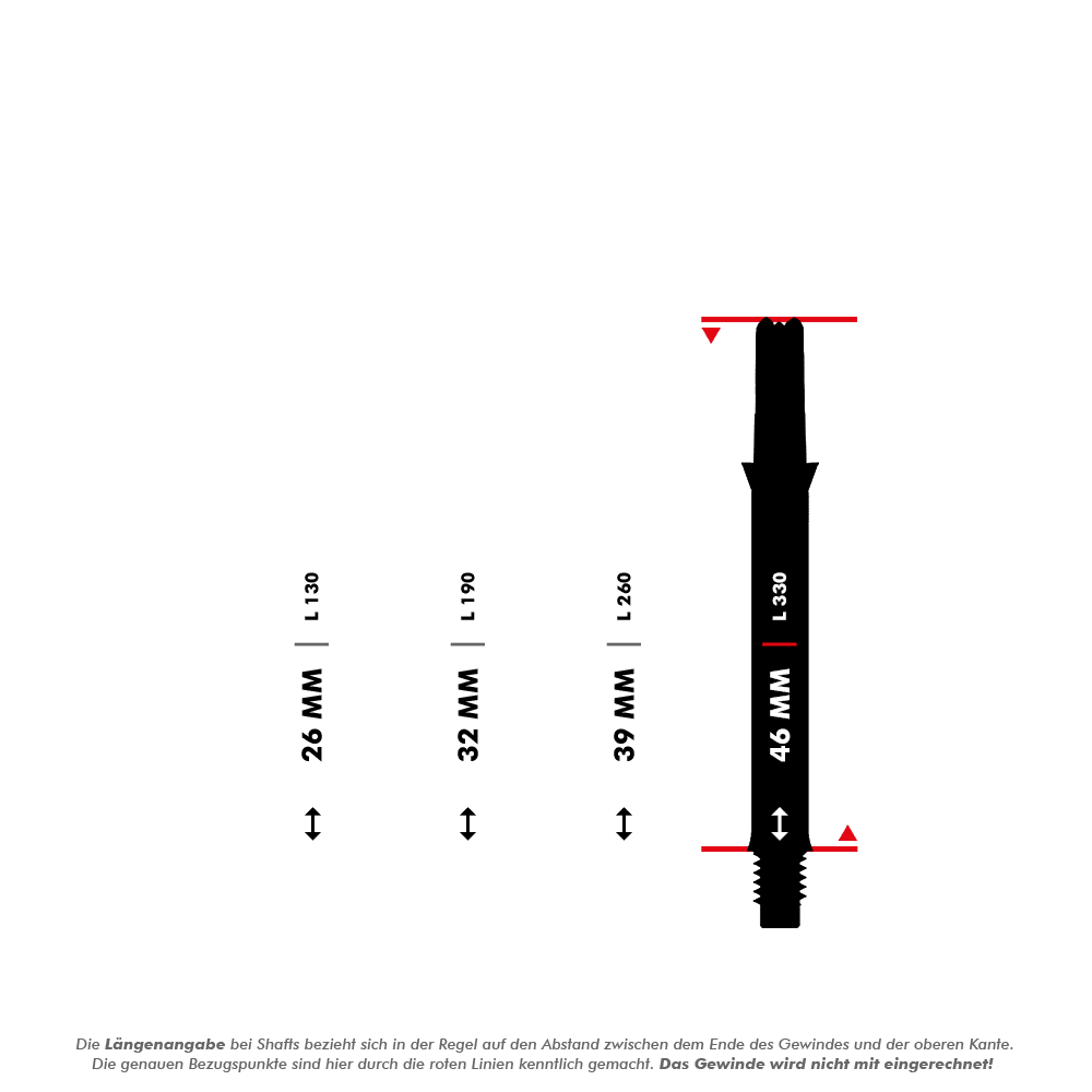 Wałki L-L-Style-Shafts Silent Straight - czarne Das Bild zeigt vier unterschiedlich lange Dartschäfte mit Längenangaben in Millimetern (26 mm, 32 mm, 39 mm und 46 mm). Die Messpunkte für die Längen sind durch rote Linien markiert, und das Gewinde wird bei der Längenermittlung nicht mit einberechnet.