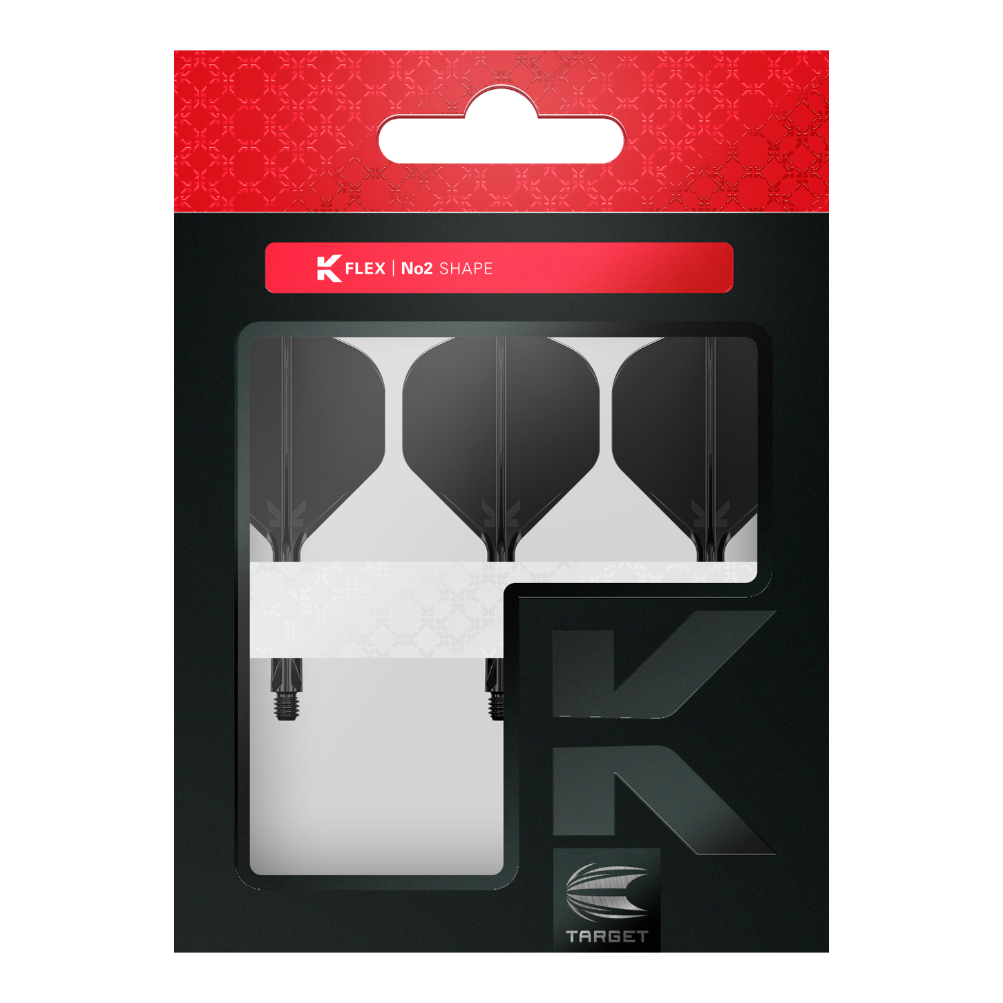 System lotu Target K-Flex No2 Standard – czarny Die Abbildung zeigt eine Verpackung mit drei schwarzen Dartflights der Marke Target in No2-Form. Die Verpackung ist hauptsächlich schwarz mit einem roten oberen Bereich und einem Sichtfenster, das die Flights präsentiert.