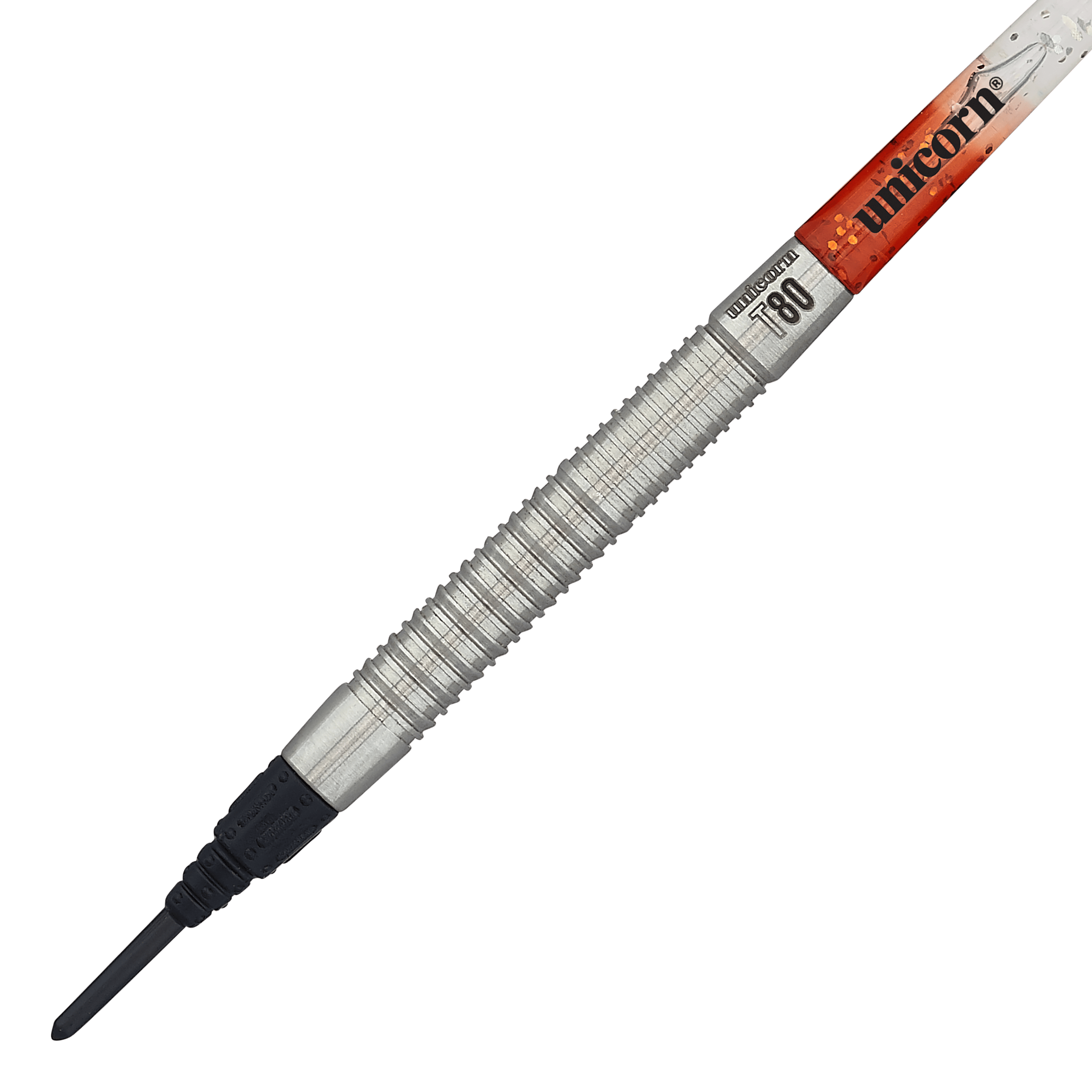 Das Bild zeigt einen Unicorn Core XL Striker Style 1 Softdart mit 19 Gramm Gewicht. Der Dart hat einen silbernen, geriffelten Griff und eine schwarze Softspitze.