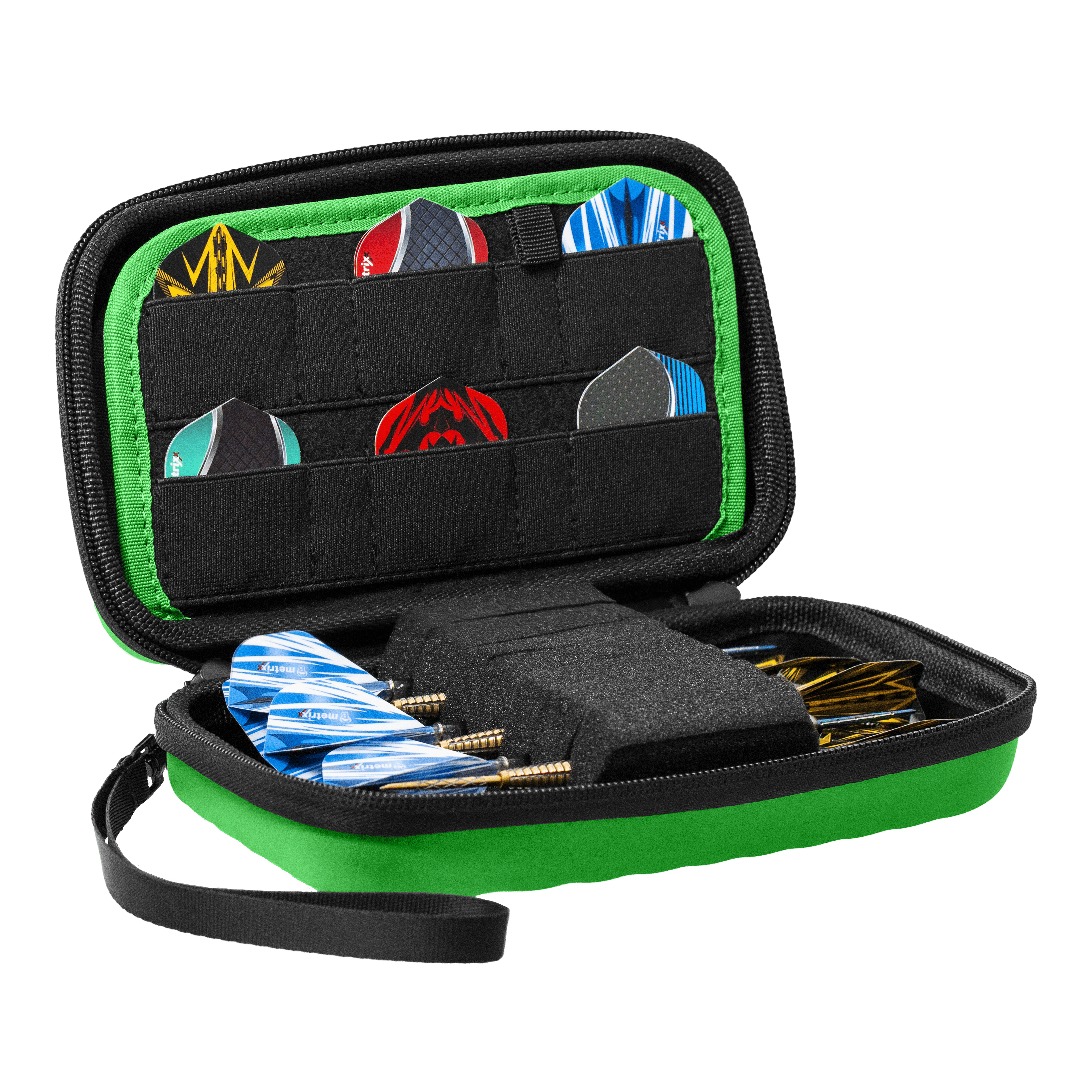 Etui na lotki Bulls Orbis XL – zielone Das Bulls Orbis XL Dartcase in Grün ist auf dem Bild zu sehen. Es bietet ausreichend Stauraum für verschiedene Dartteile.