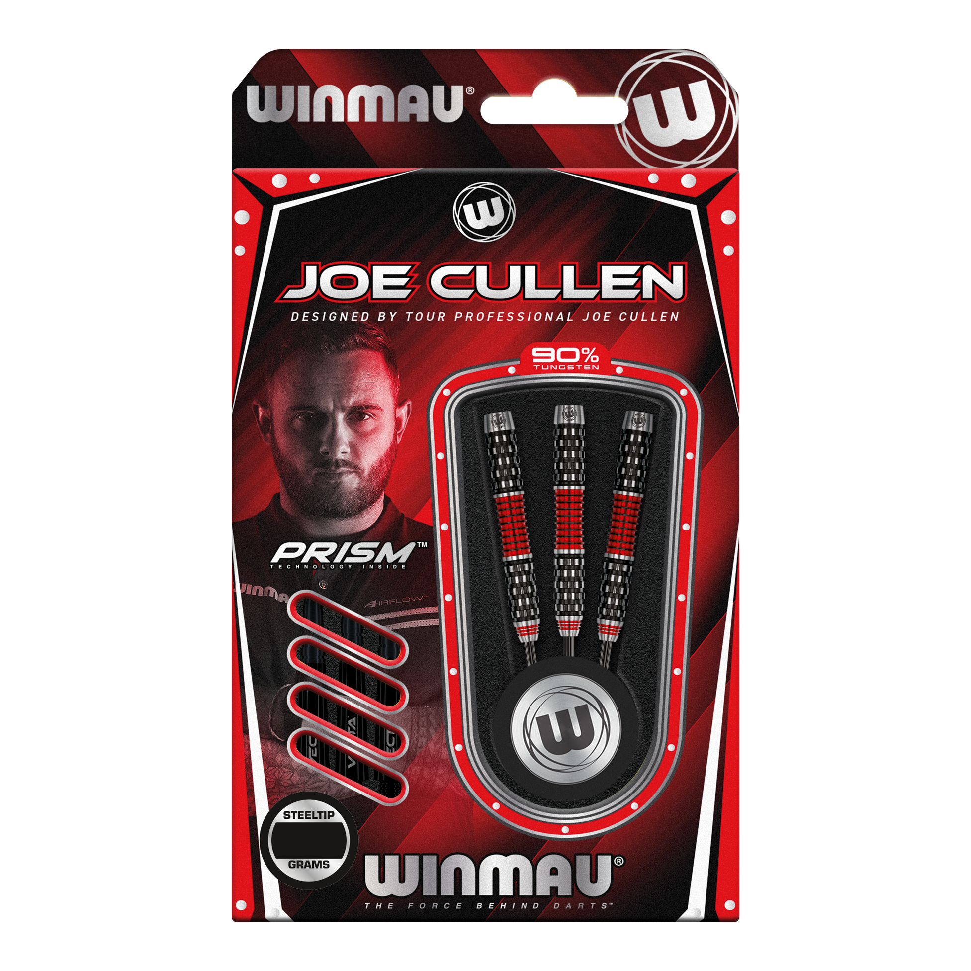 Stalowe lotki Winmau Joe Cullen Rockstar Series RS1 Die Verpackung zeigt die "Winmau Joe Cullen Rockstar Series RS1 Steeldarts". Im Inneren sind drei schwarz-rote Steeldarts zu sehen, die von Profispieler Joe Cullen entworfen wurden.