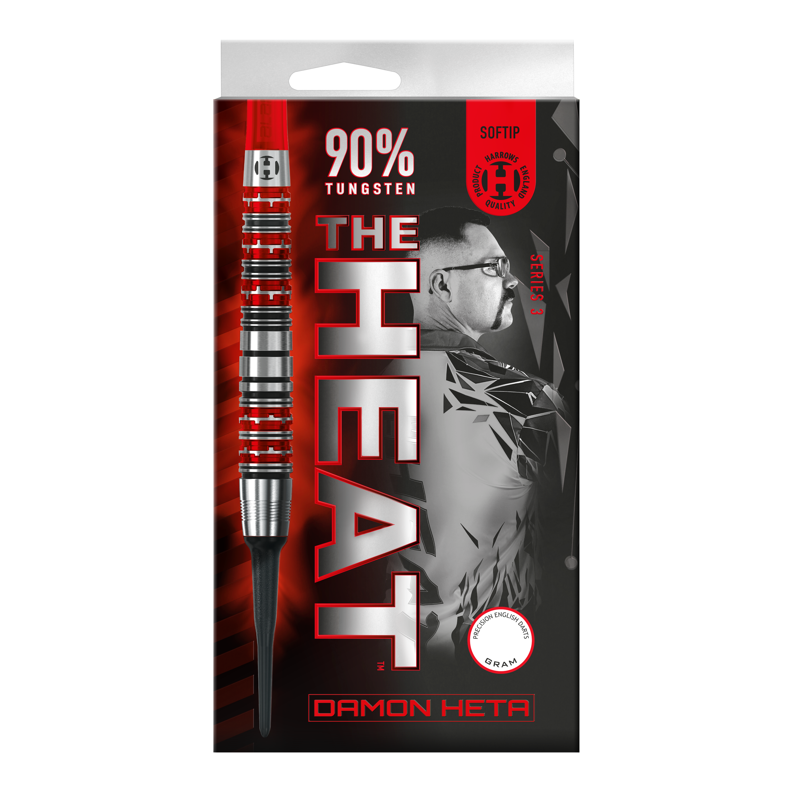 Harrow's Damon Heta Series 3 miękkie lotki Die Abbildung zeigt die Verpackung der "Harrows Damon Heta Series 3 Softdarts". Auf der Verpackung stehen "90% Tungsten" und ein Porträt von Damon Heta im Hintergrund.