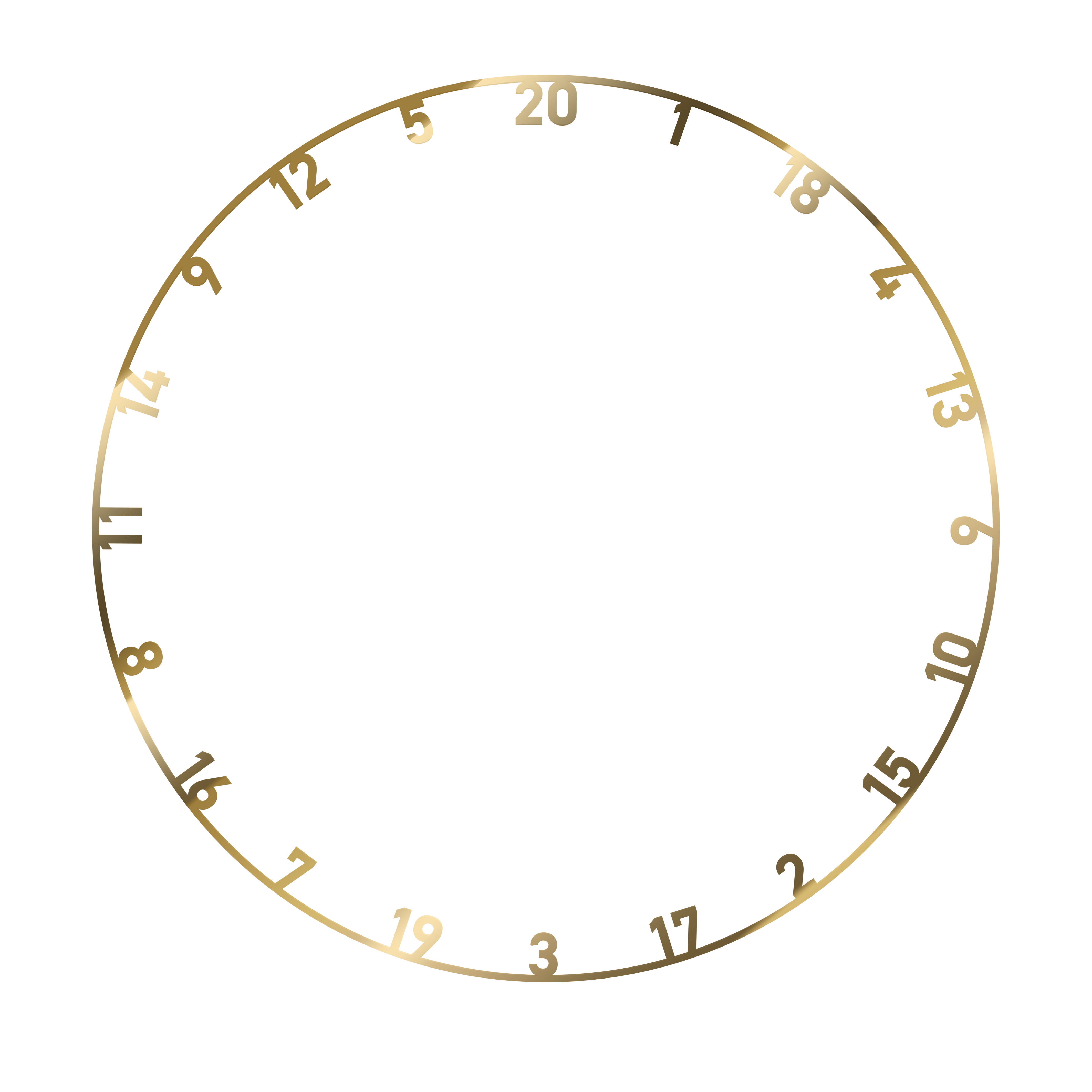 Der Bild zeigt einen goldenen Zahlenring für eine Dartscheibe mit den Zahlen von 1 bis 20. Der Ring ist für das Produkt "Bulls NL Steeldartboard Zahlenring 3-er Set - Gold Silber Weiß" gedacht.