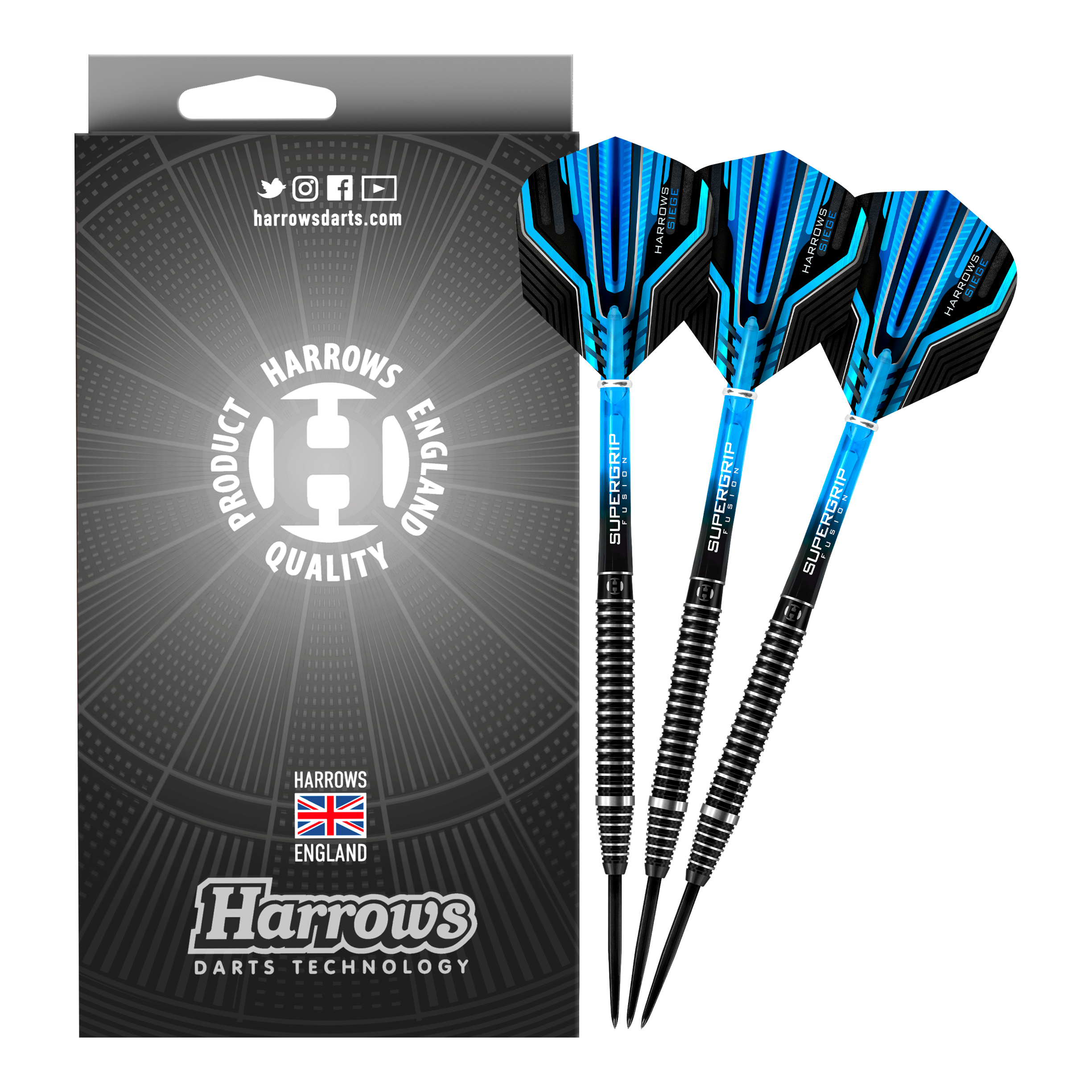 Auf dem Bild sind drei Harrows Siege Steeldarts mit blauen und schwarzen Flights zu sehen. Daneben steht die Verpackung mit dem Harrows-Logo und dem Hinweis "Harrows England Quality Product".