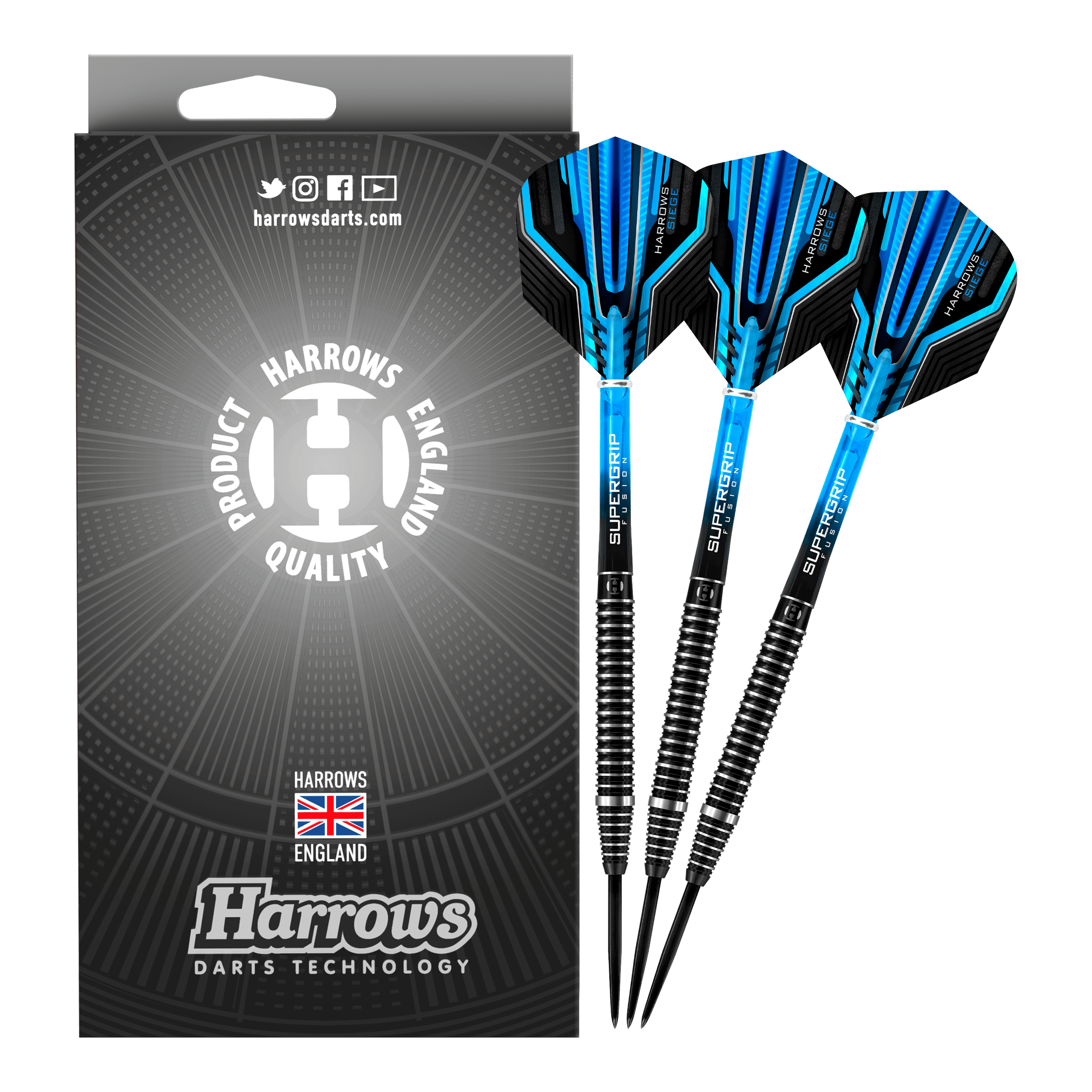 Oblężenie Harrows Steeldarts Auf dem Bild sind drei Harrows Siege Steeldarts mit blauen und schwarzen Flights zu sehen. Daneben steht die Verpackung mit dem Harrows-Logo und dem Hinweis "Harrows England Quality Product".