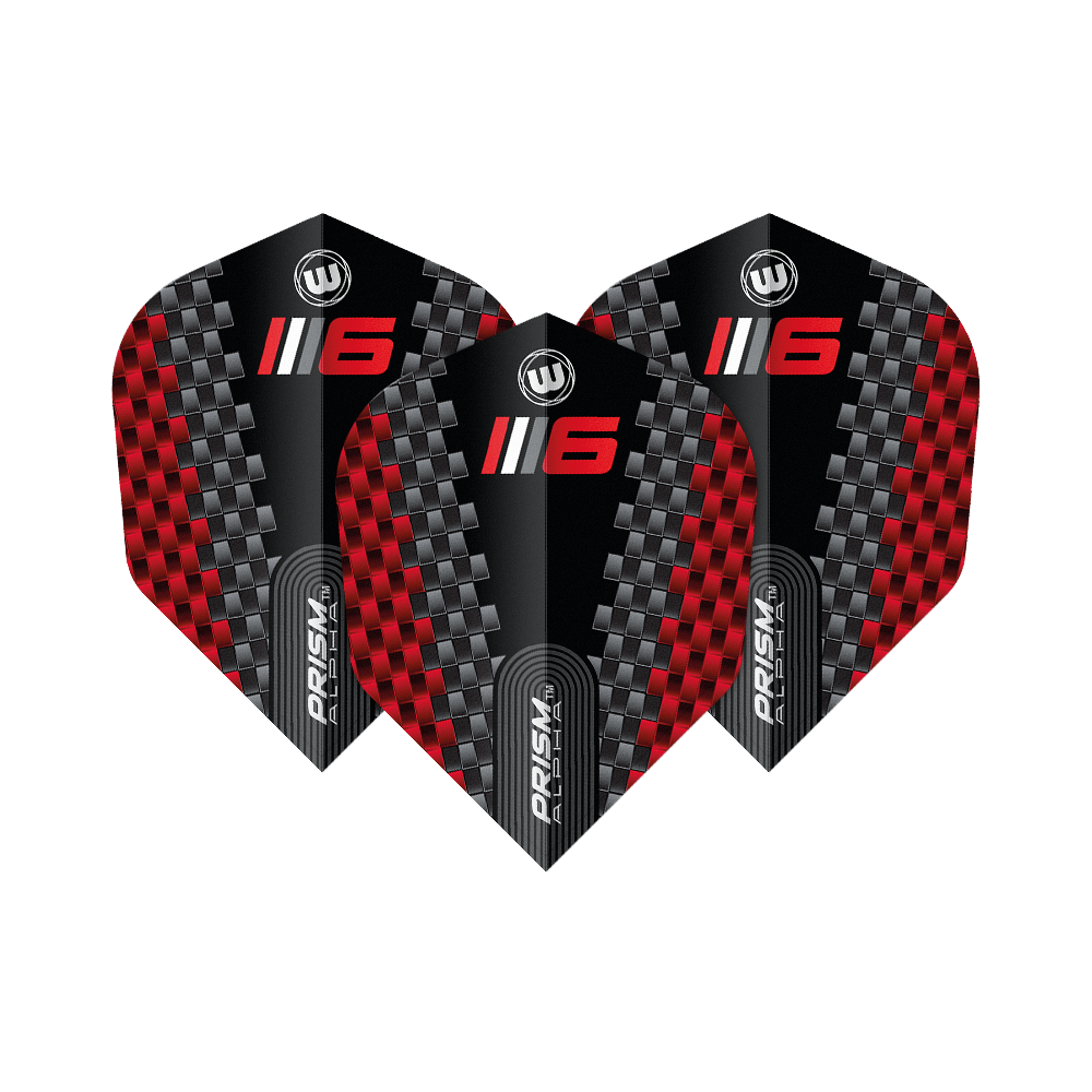 Winmau Prism Alpha Blade 6 Chevron No6 Flights Das Bild zeigt drei Dart-Flights des Modells "Winmau Prism Alpha Blade 6 Chevron No6". Die Flights haben ein schwarzes Design mit roten und silbernen Karomustern sowie der Aufschrift „6“ und „PRISM ALPHA“.