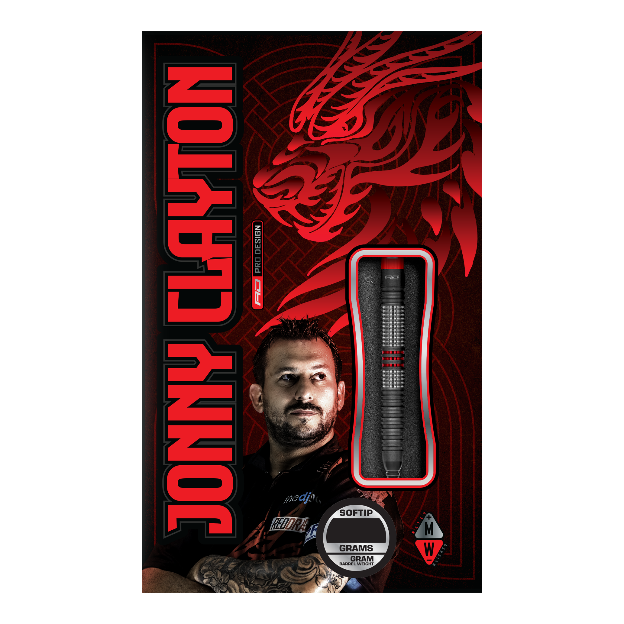 Miękkie rzutki Red Dragon Jonny Clayton Hiraeth - 20g Die Abbildung zeigt die Verpackung der „Red Dragon Jonny Clayton Hiraeth Softdarts - 20g“. Auf der Vorderseite sind der Dart, ein Porträt von Jonny Clayton und ein roter Drachen als Design-Element zu sehen.