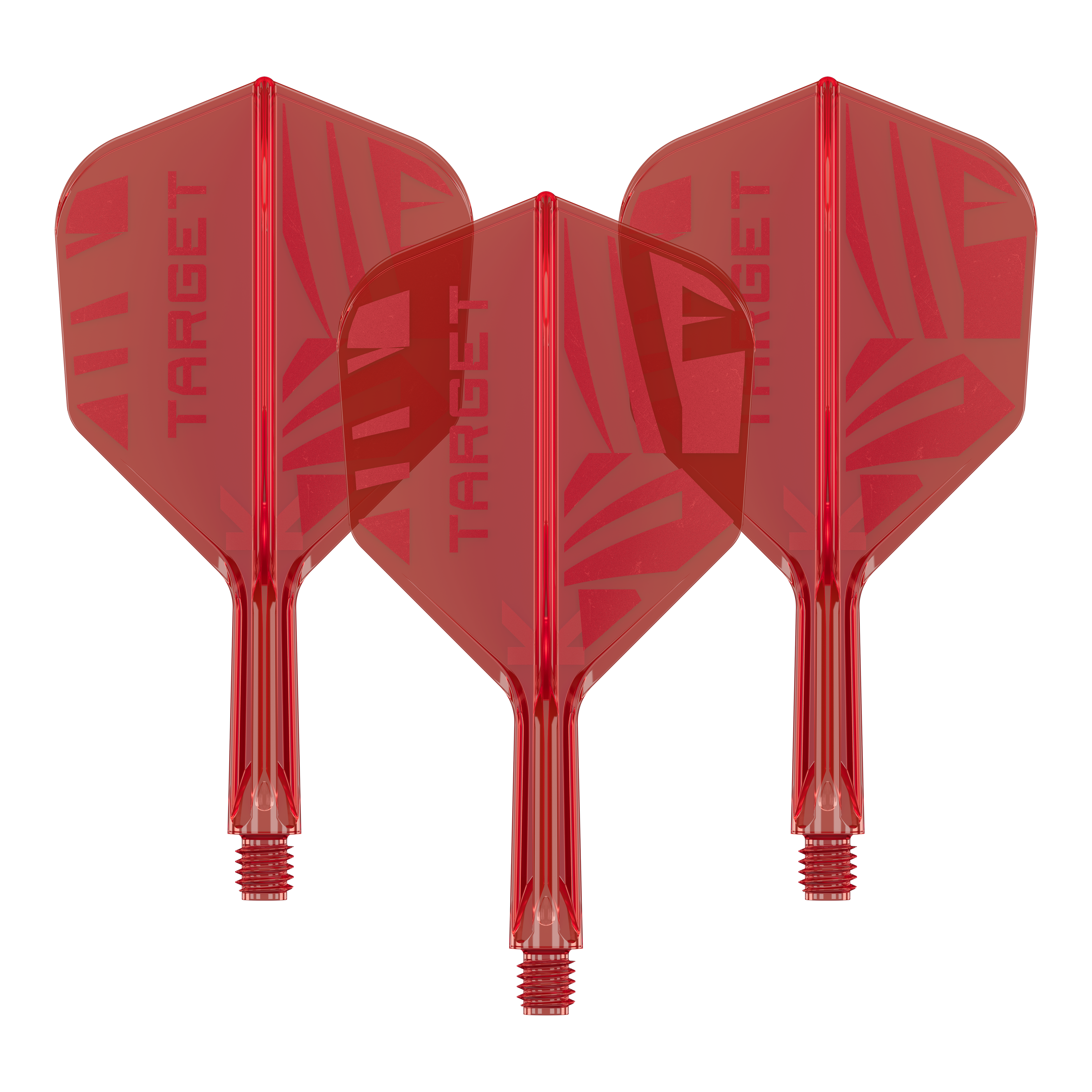 Ein Set von Target K-Flex Red No6 Flights in 19 mm wird im Bild gezeigt. Die Flights sind eng angeordnet.