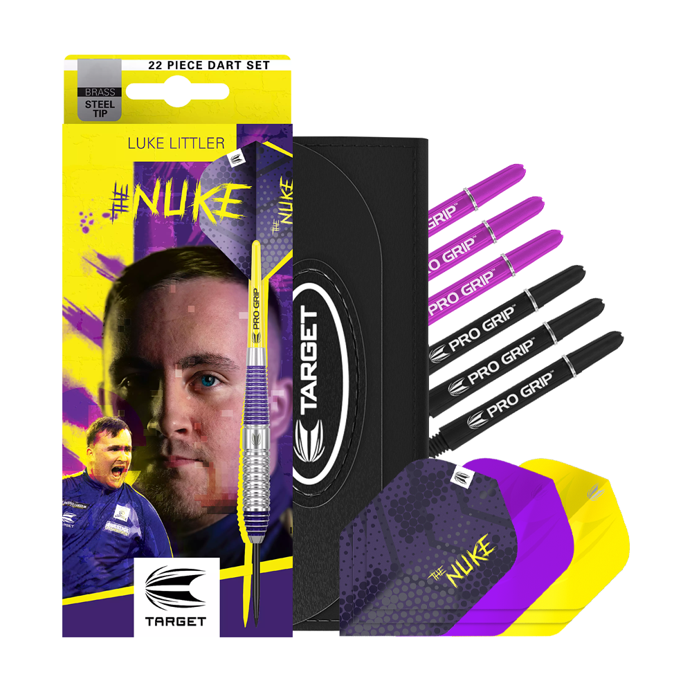 Lotki ze stali mosiężnej Target Luke Littler - 22 g Das Bild zeigt das Produkt "Target Luke Littler Brass Steeldarts - 22g" mit buntem Verpackungsdesign. Im Set sind verschiedene Dartflights, Schäfte und eine praktische Aufbewahrungstasche enthalten.