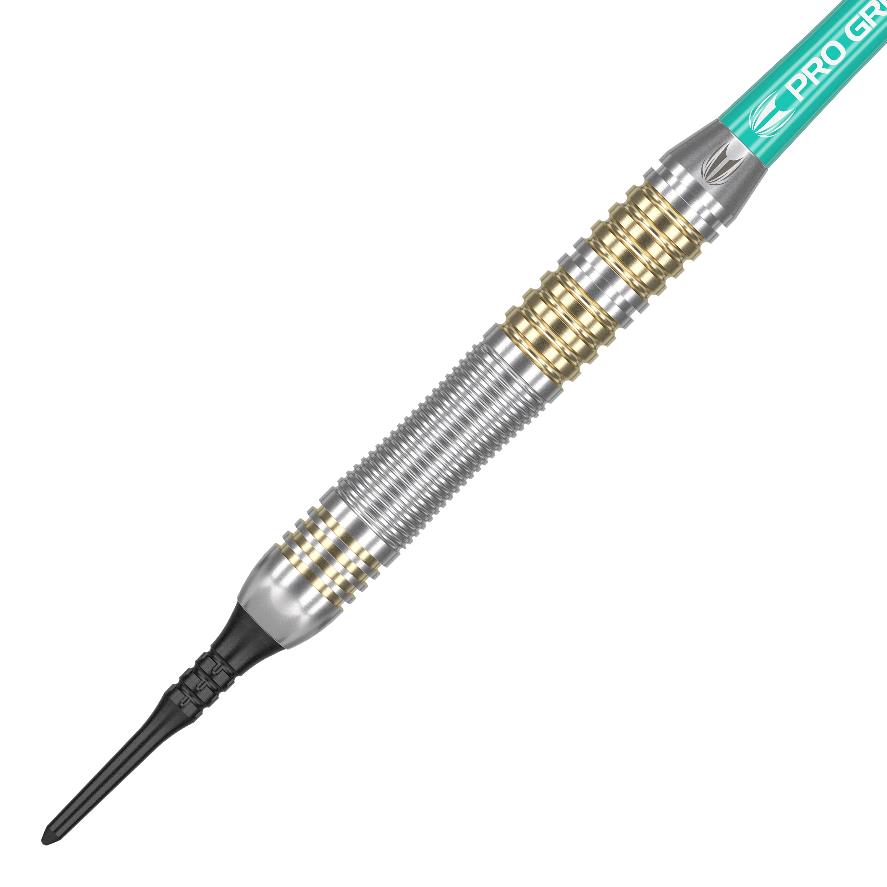 Lotki miękkie Target Rob Cross Brass - 18g Das Bild zeigt einen Target Rob Cross Brass Softdart mit einem Gewicht von 18 Gramm. Der Dartpfeil hat ein silbernes und goldenes Rillen-Design sowie eine schwarze Kunststoffspitze.