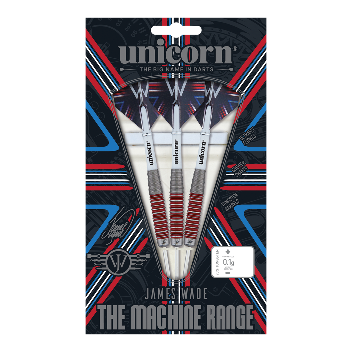 Das Bild zeigt eine Verpackung mit drei Steeldarts der Marke "Unicorn" aus der "James Wade The Machine Range". Die Darts bestehen zu 90% aus Tungsten und haben rote und silberne Akzente.