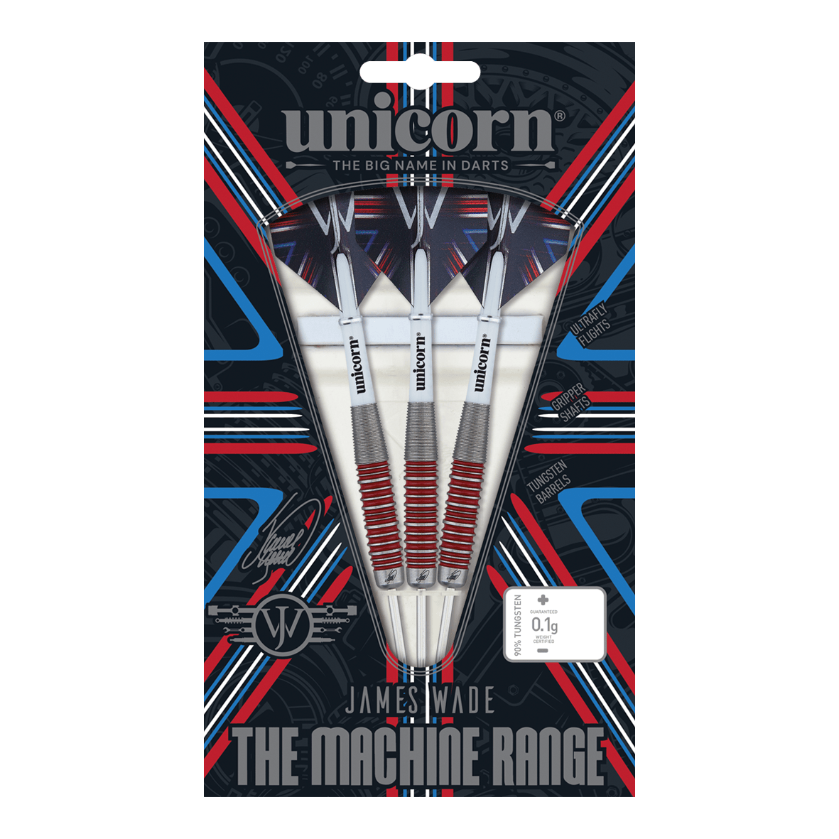 Unicorn The Machine James Wade 90% stalowe rzutki Das Bild zeigt eine Verpackung mit drei Steeldarts der Marke "Unicorn" aus der "James Wade The Machine Range". Die Darts bestehen zu 90% aus Tungsten und haben rote und silberne Akzente.