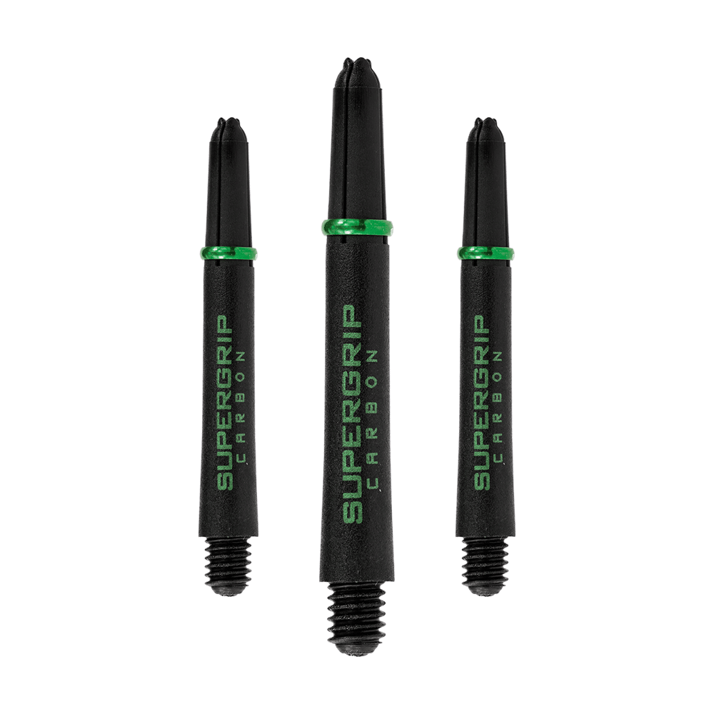 HR361_Harrows_Supergrip_Carbon_Shafts_Gr-n_40mm_1IIOSq6HkOpIu5 Harrows Supergrip Carbon Shafts mit Struktur, in einer Linie angeordnet. Die Schäfte sind detailliert dargestellt.