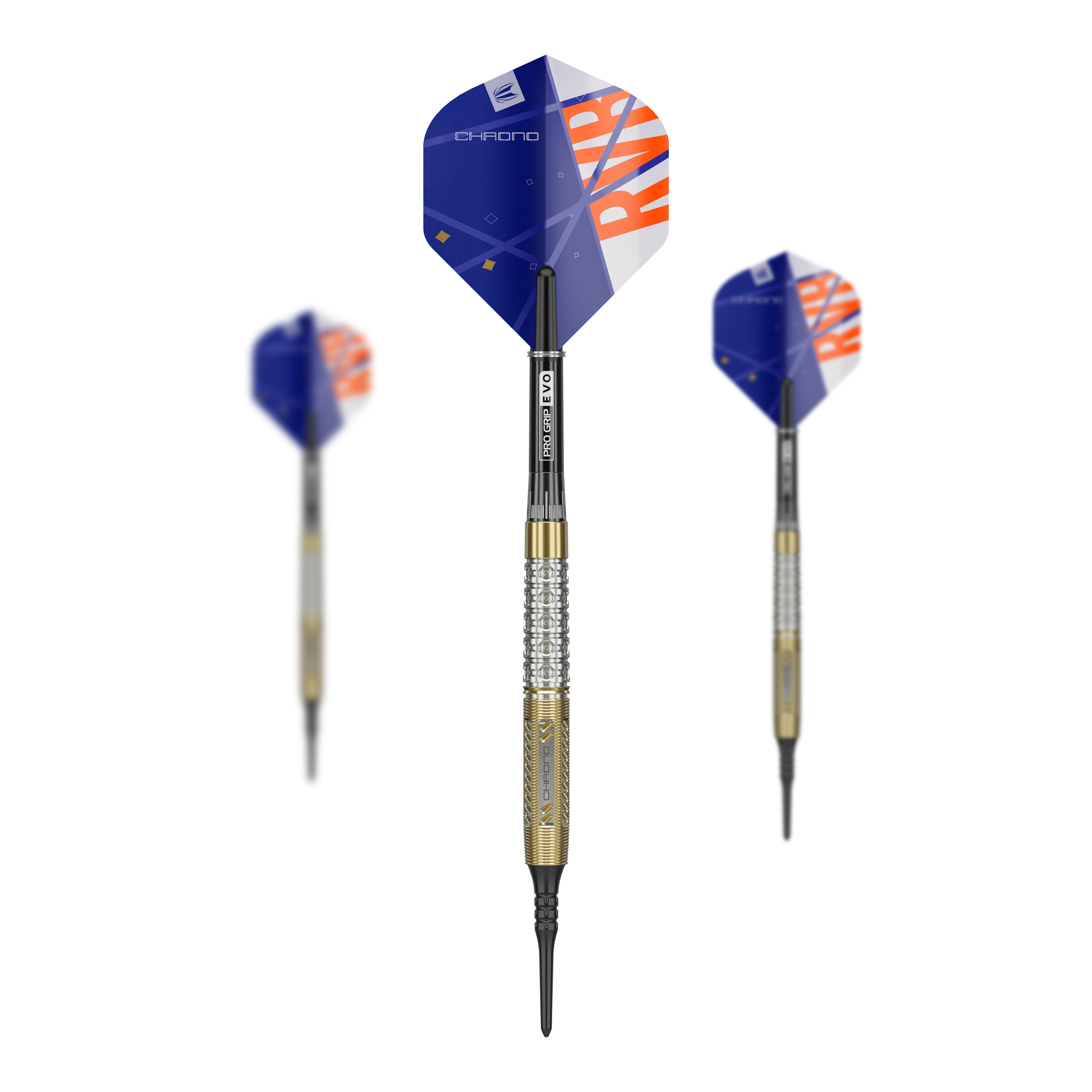 Targetuj w miękkie rzutki Raymond Van Barneveld Chrono 95 Das Bild zeigt drei Softdarts des Modells "Target Raymond Van Barneveld Chrono 95". Die Darts haben blaue Flights mit orange-weißer Beschriftung und einen silber-goldenen Schaft.