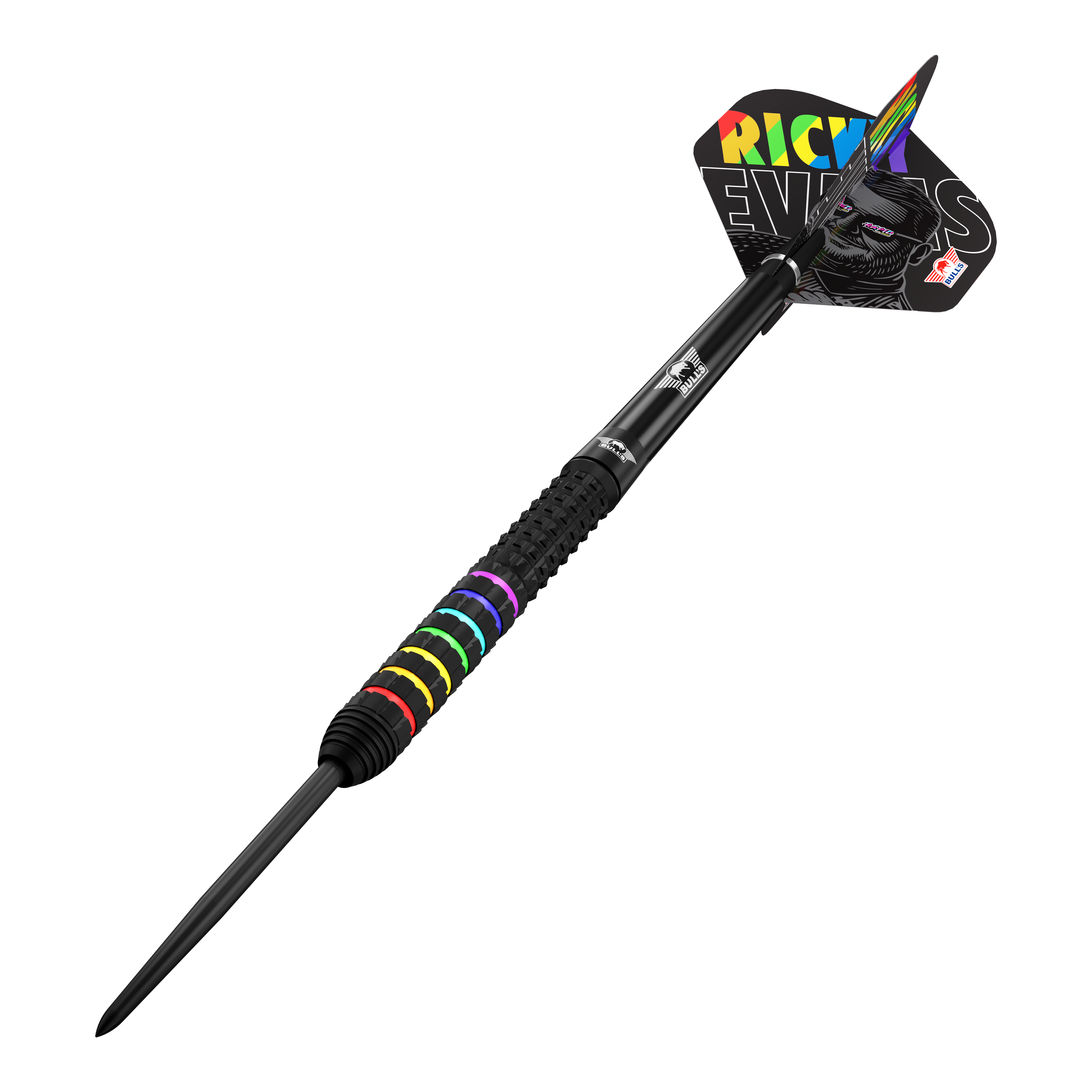 Das Bild zeigt die Bulls NL Ricky Evans Rapid 95 Steeldarts mit 23 Gramm. Die Steeldarts haben ein stilvolles Design und sind für das Dartspiel geeignet.